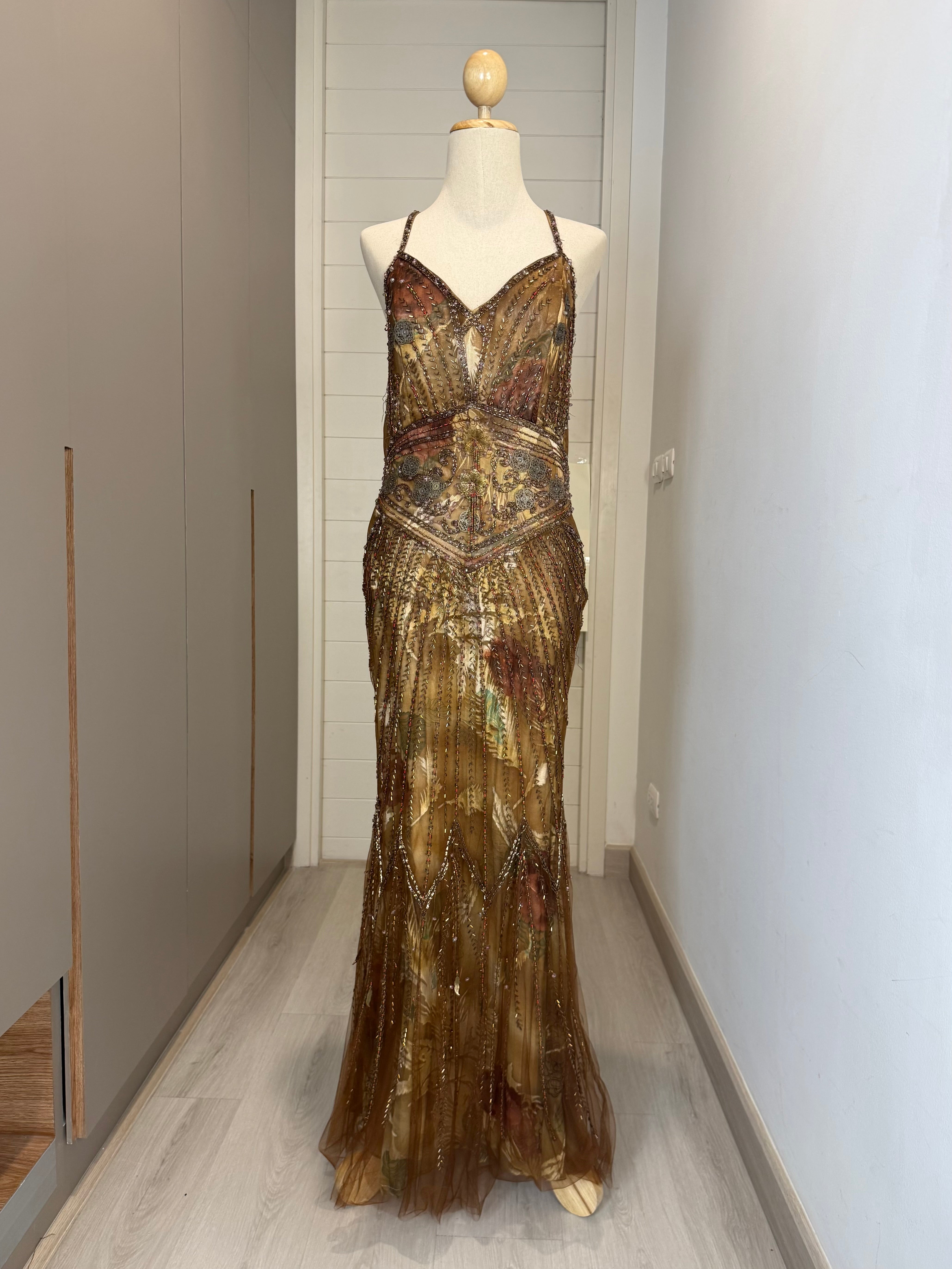 V256 Vintage Amber Boho Beaded Gown (M-L)