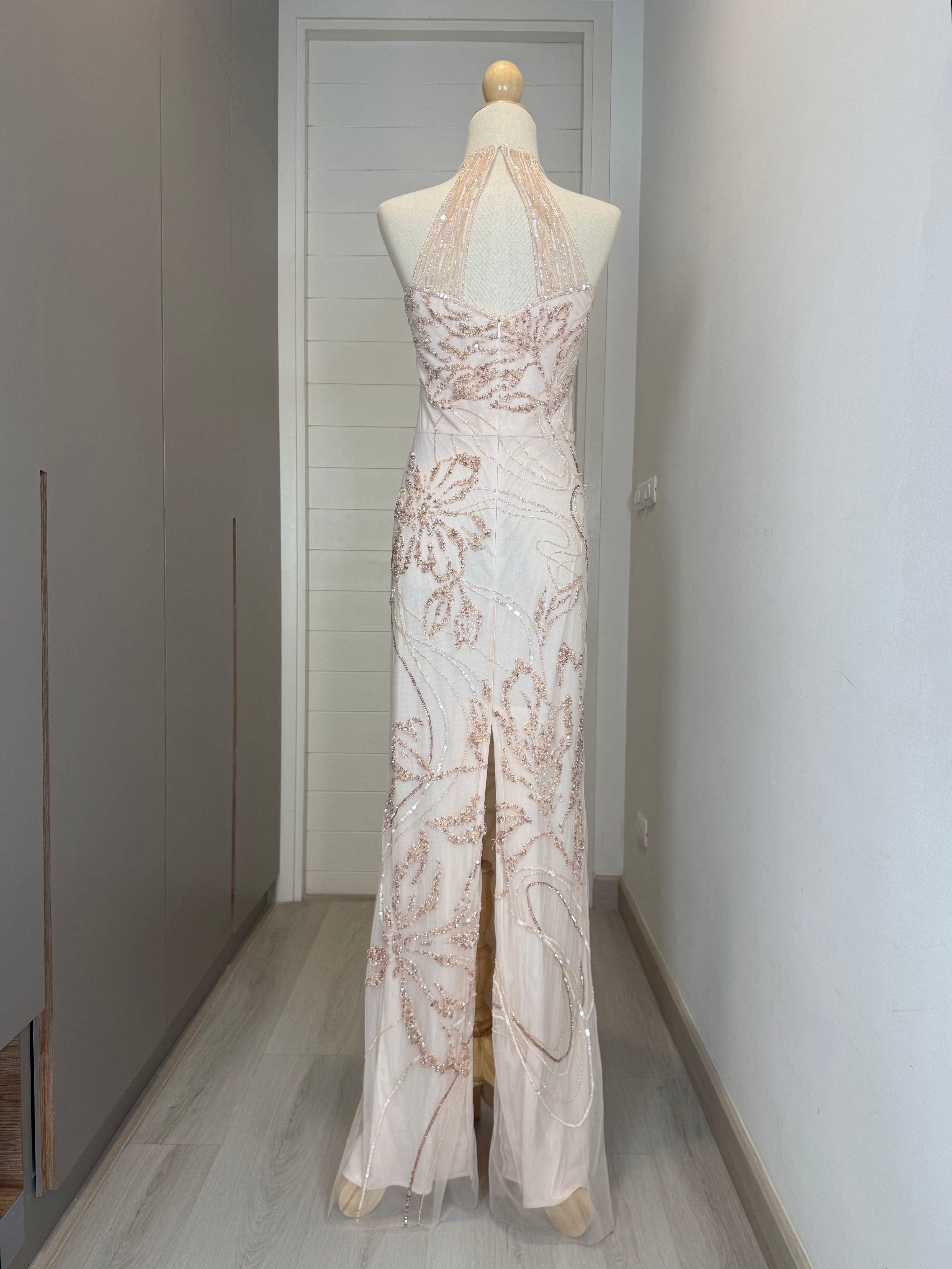 V266 Vintage Rare Rosegold Floral Beaded Halter Gown (XS–S)