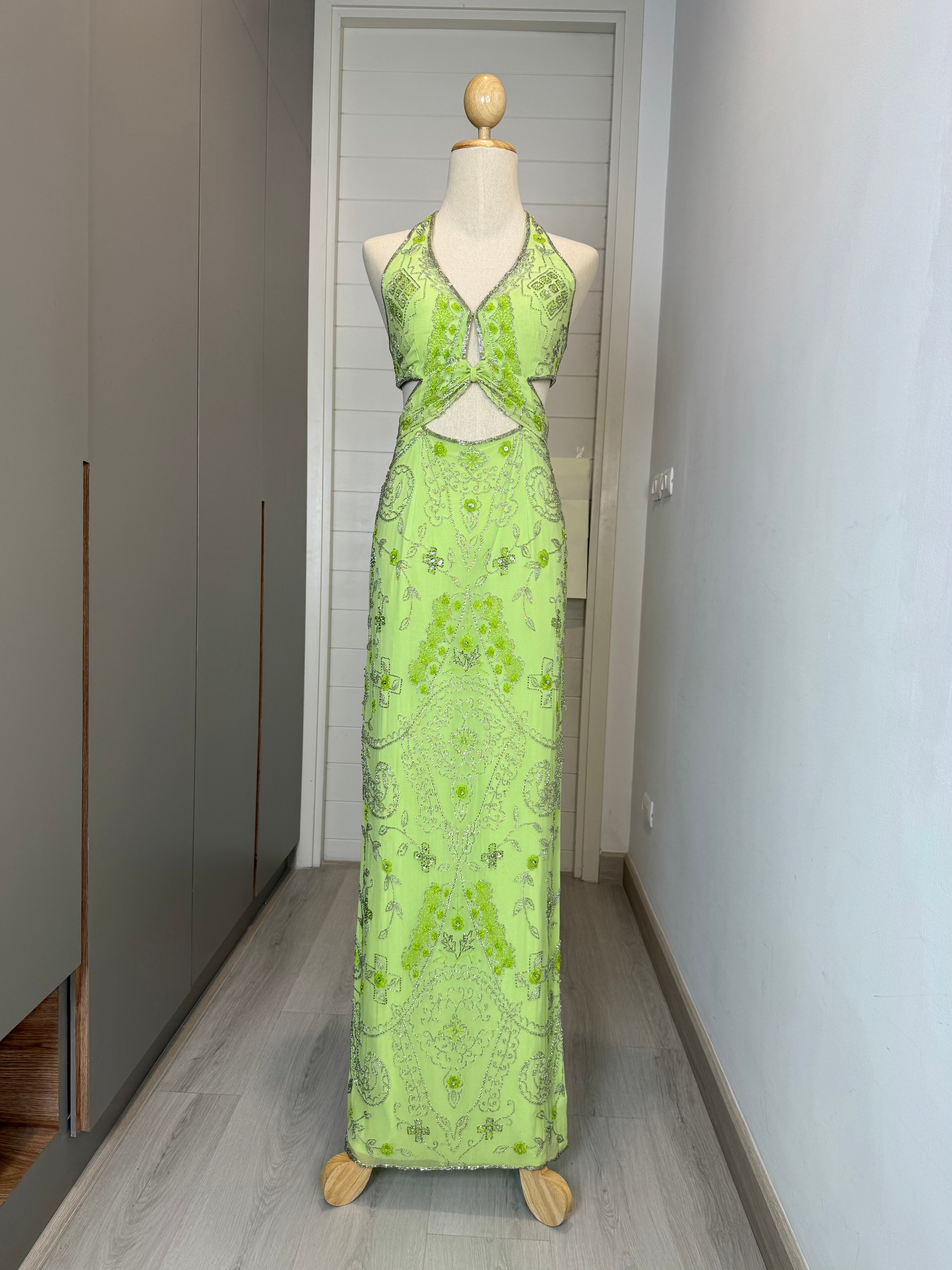 V219 Vintage Sean Collection Lime Glow Cut-Out Gown (XS–S)