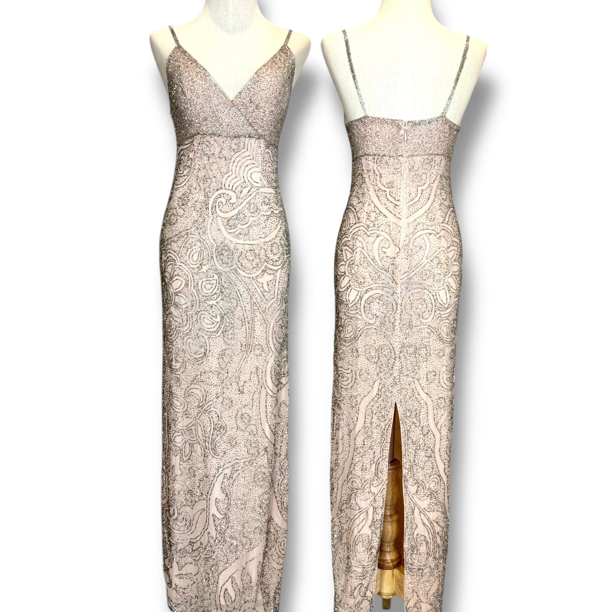 V237 Vintage Sean Collection Silver Nude Baroque Beaded Gown (XS)
