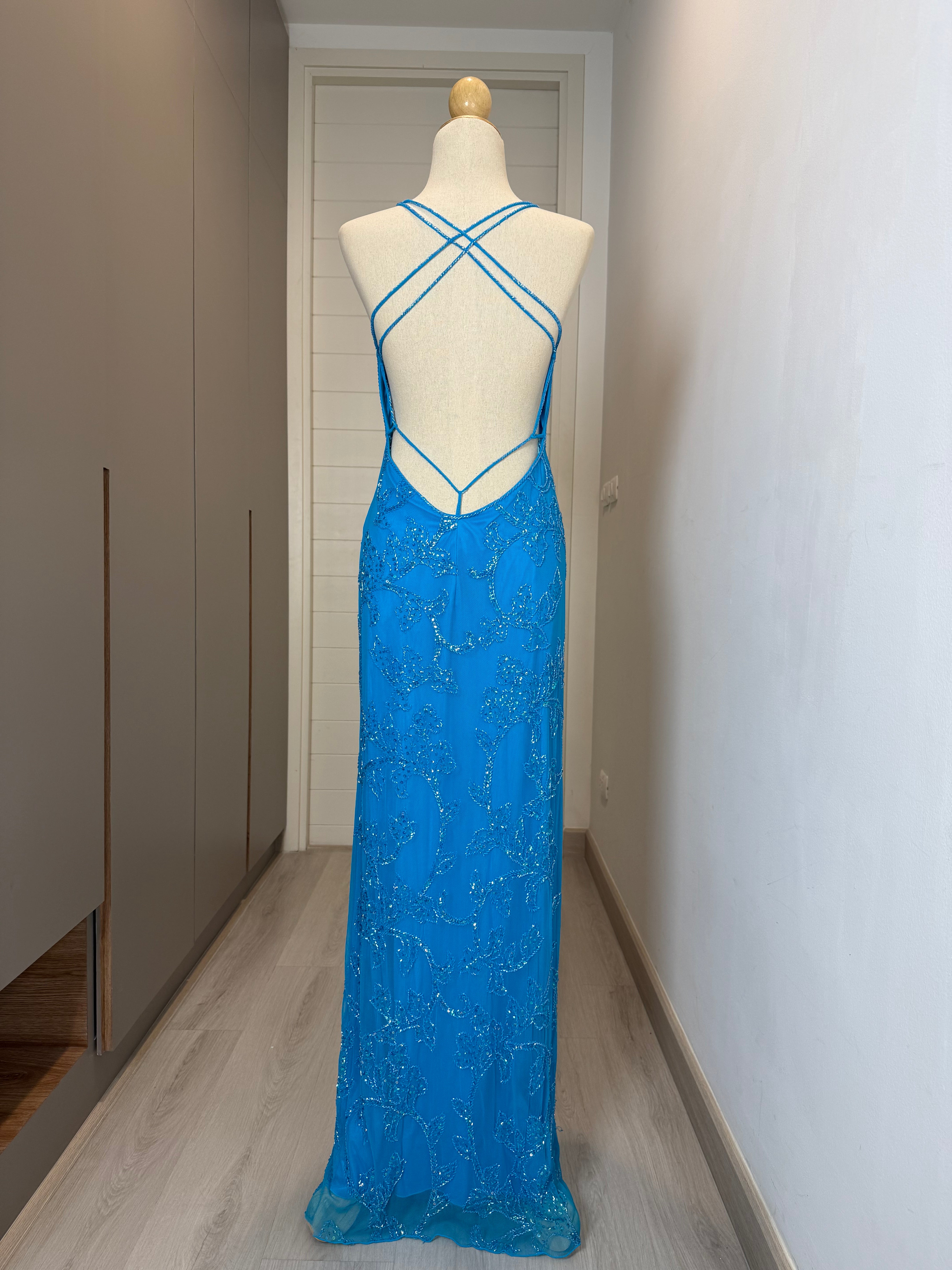 V188 Vintage Cache Aqua Flame Beaded Dress (S-M)