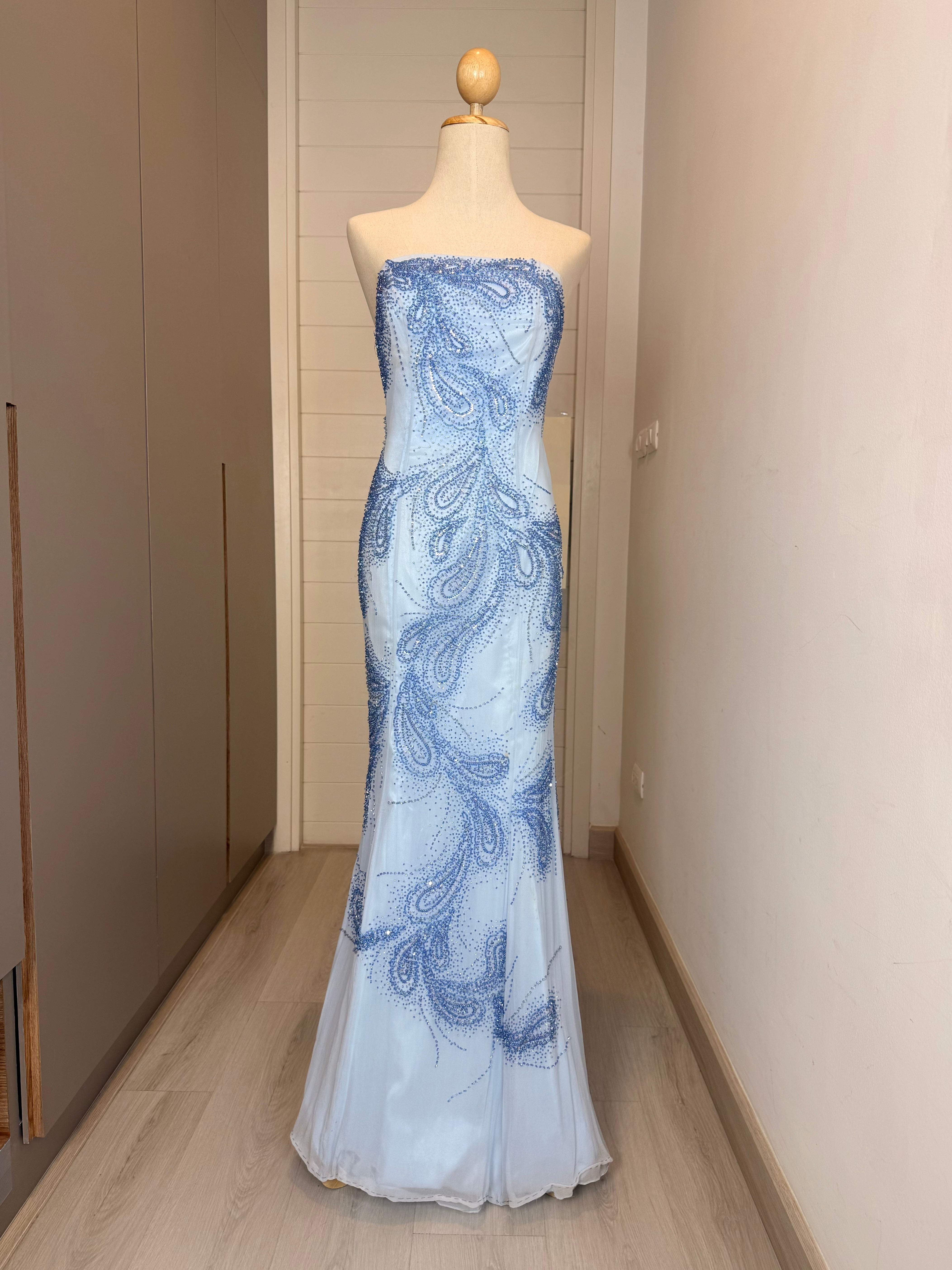V323 Vintage Dusty Blue Paisley Crystal Strapless Gown (S)