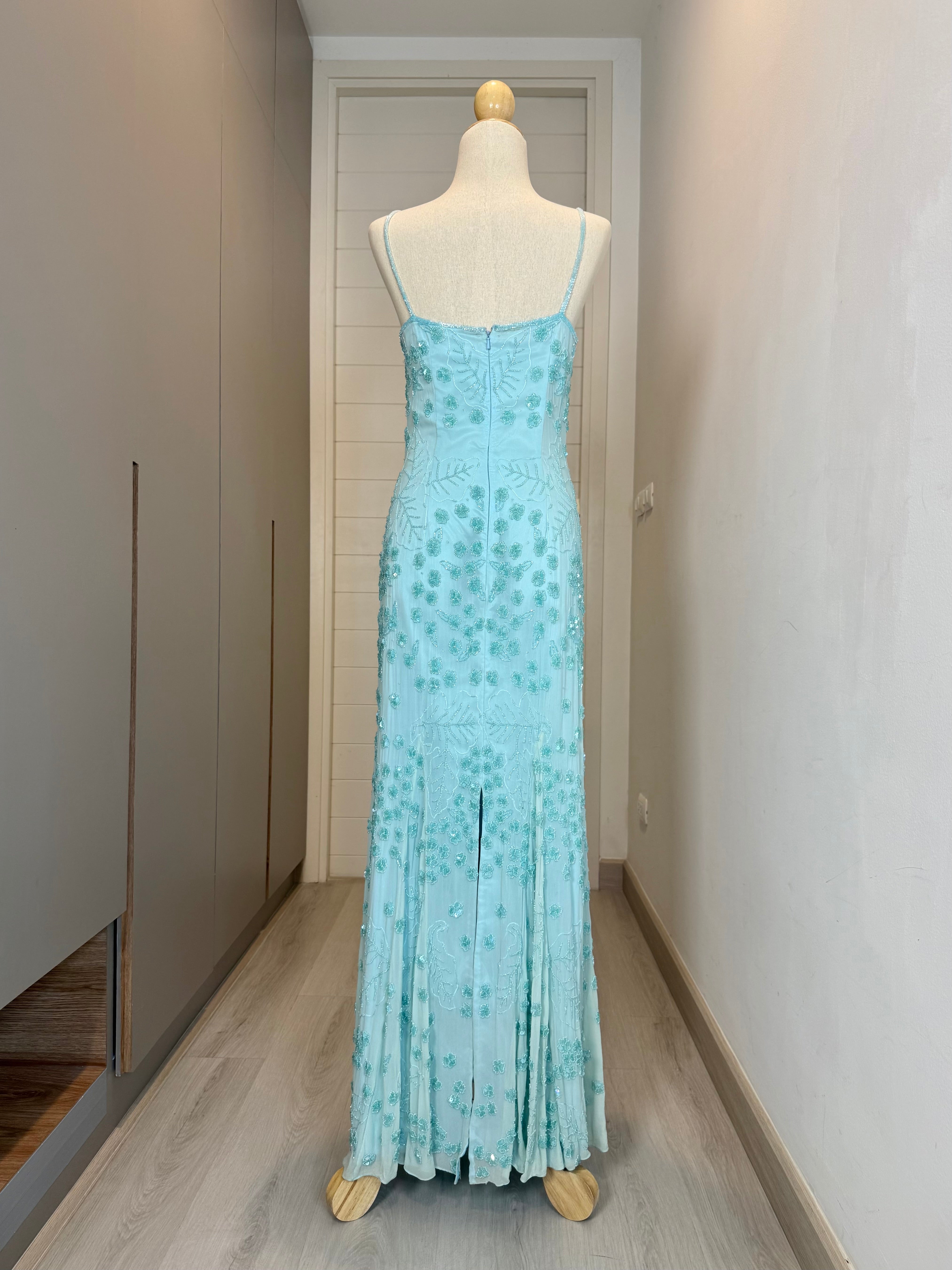 V251 Vintage Scala Aqua Blossom Beaded Slip Dress (S)
