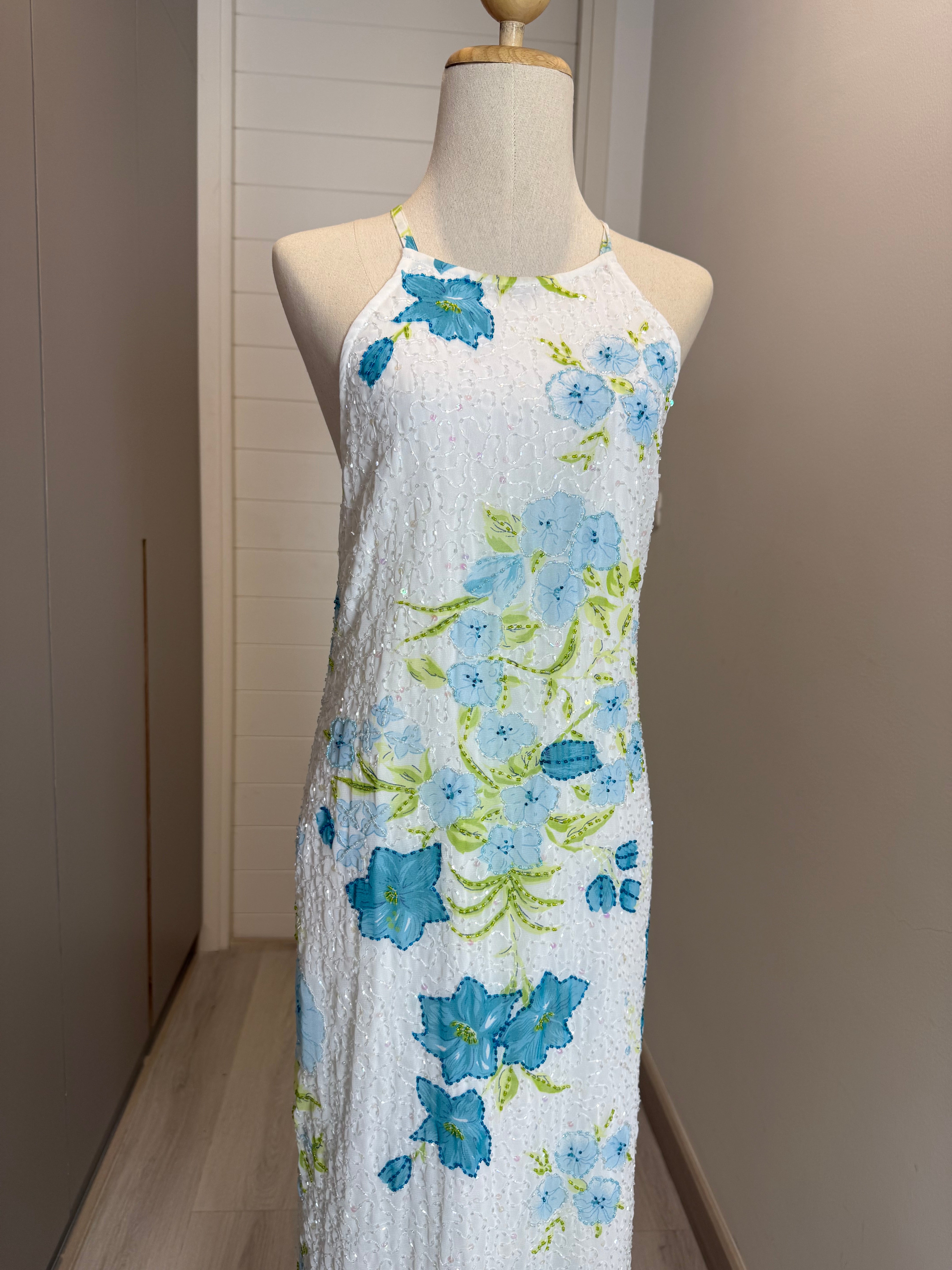 V149 Vintage Blue Bloom Sequin Halter Dress (M)