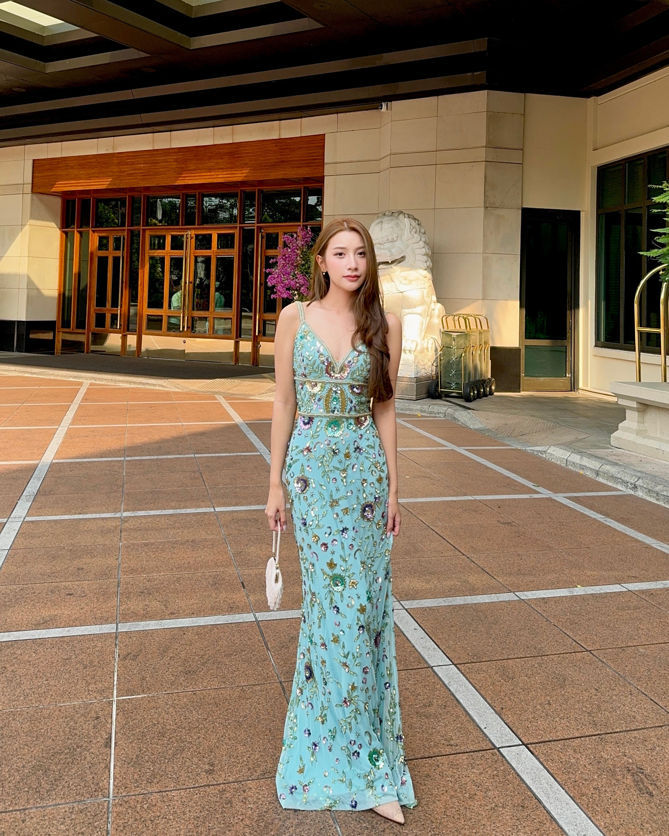 V230 Vintage Sherri Hill Bohemian Aqua Beaded Gown (XS-S)