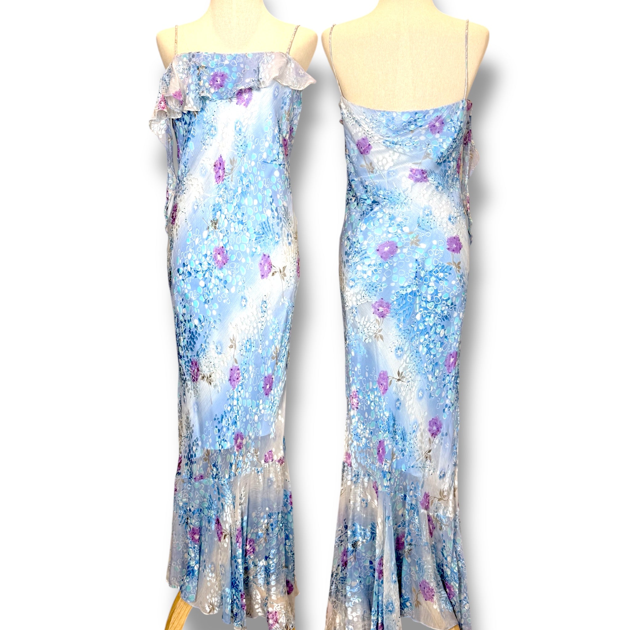 V269 Vintage Lillie Rubin Bluebell Mist Ruffle Gown (S-M)