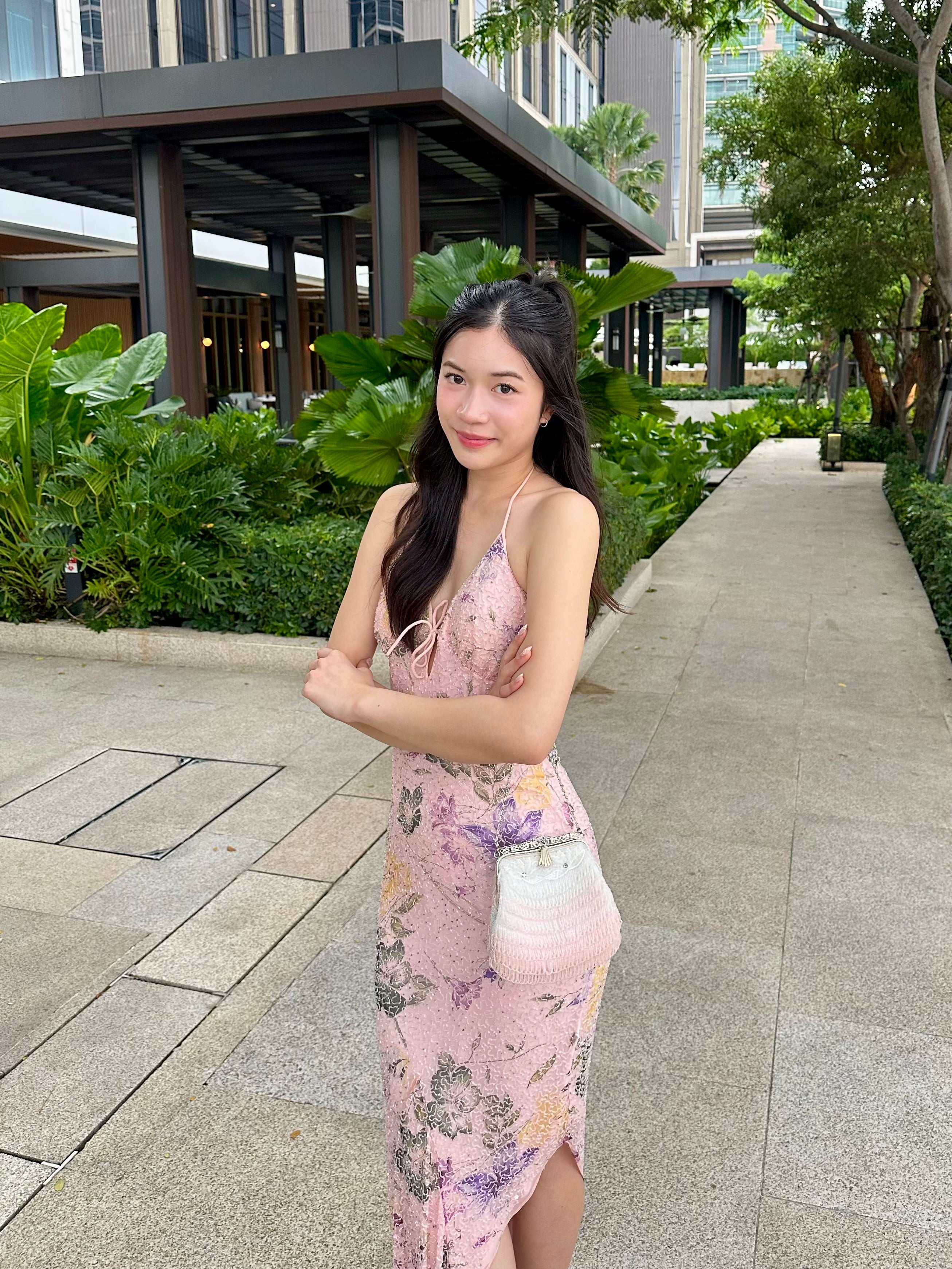 V09 Vintage Floral Pastel Pink Evening Dress (XS-S) ชุดใหม่