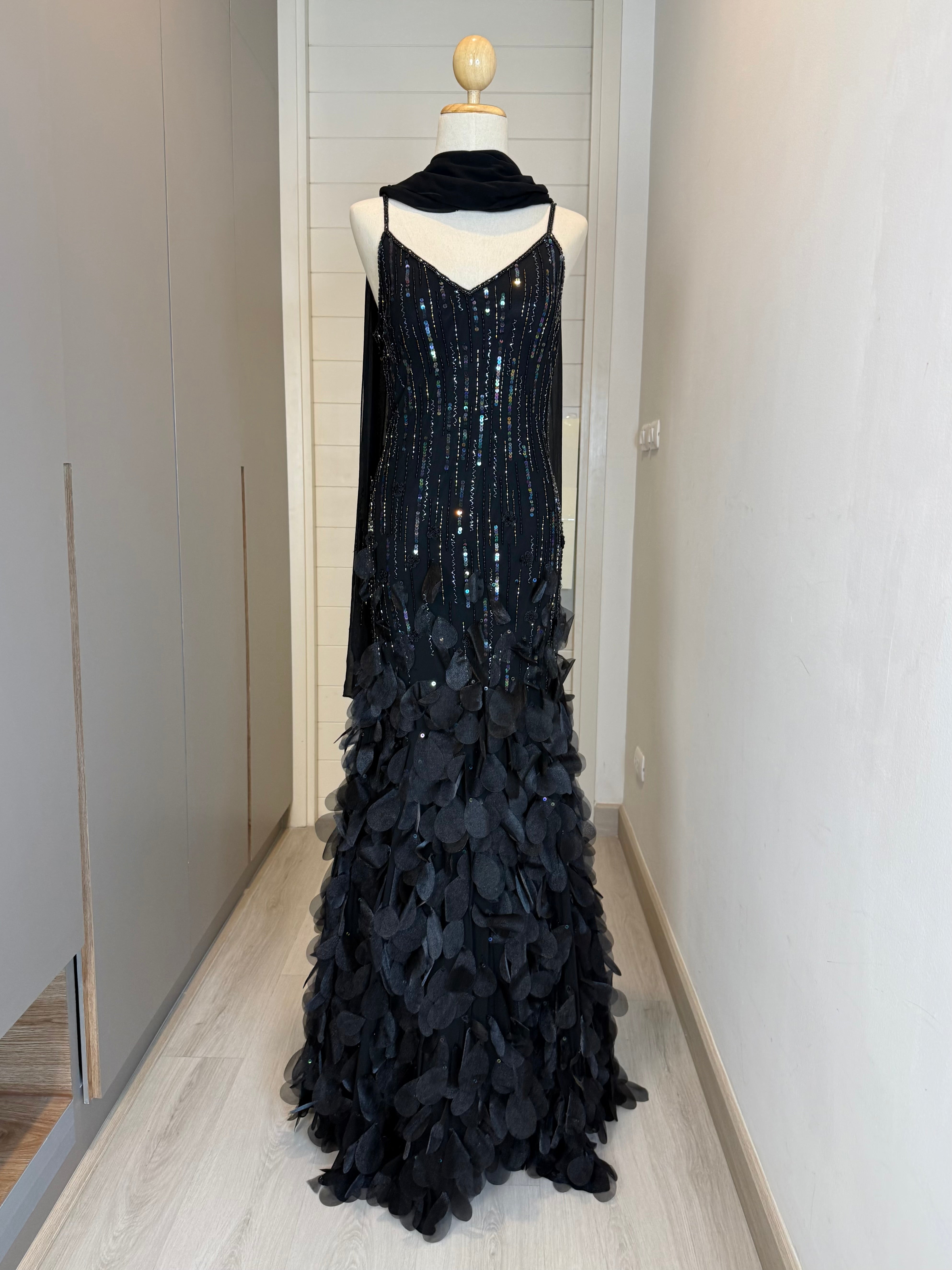 V252 Vintage Sue Wong Midnight Petal Gown (S–M)