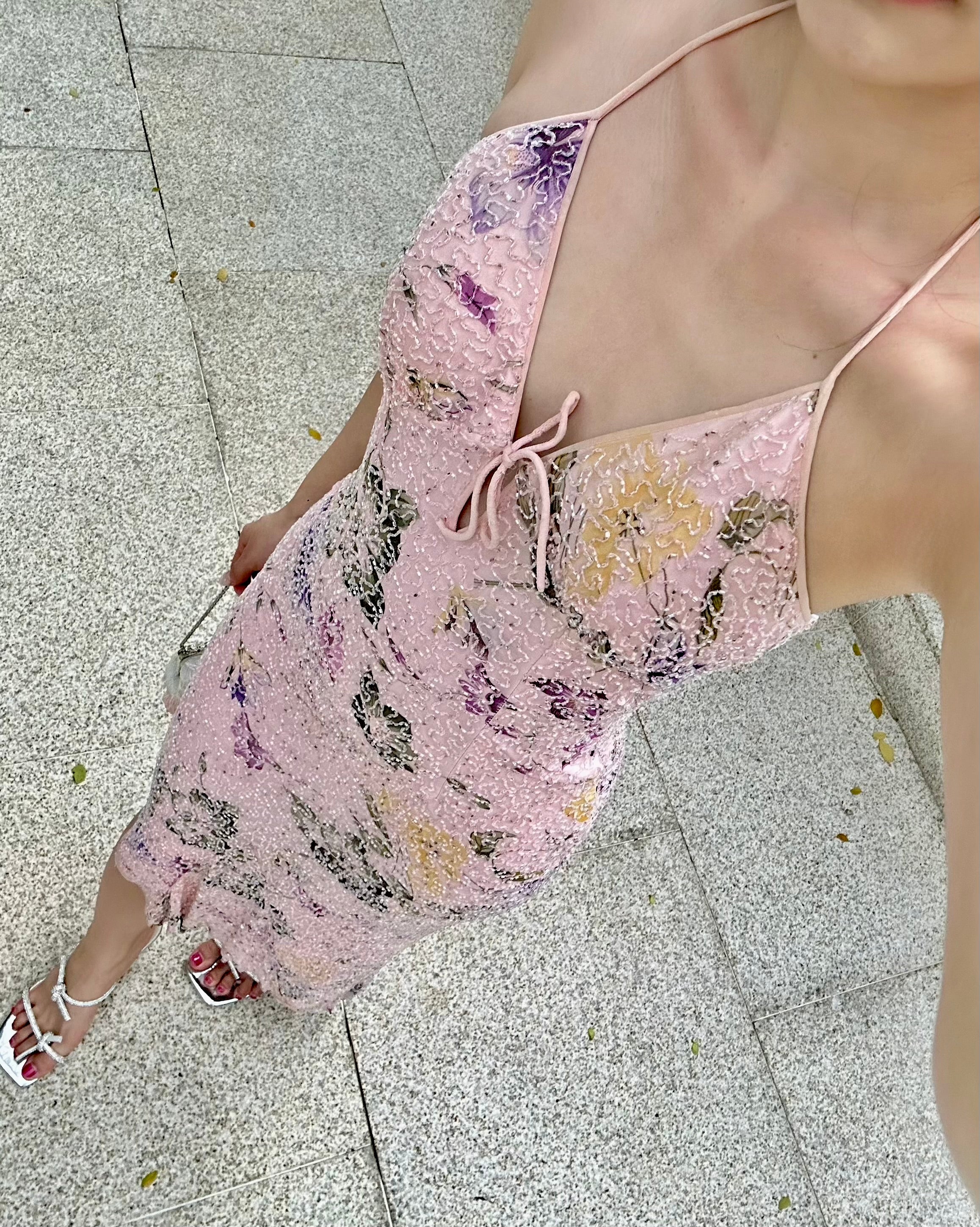 V09 Vintage Floral Pastel Pink Evening Dress (XS-S) ชุดใหม่