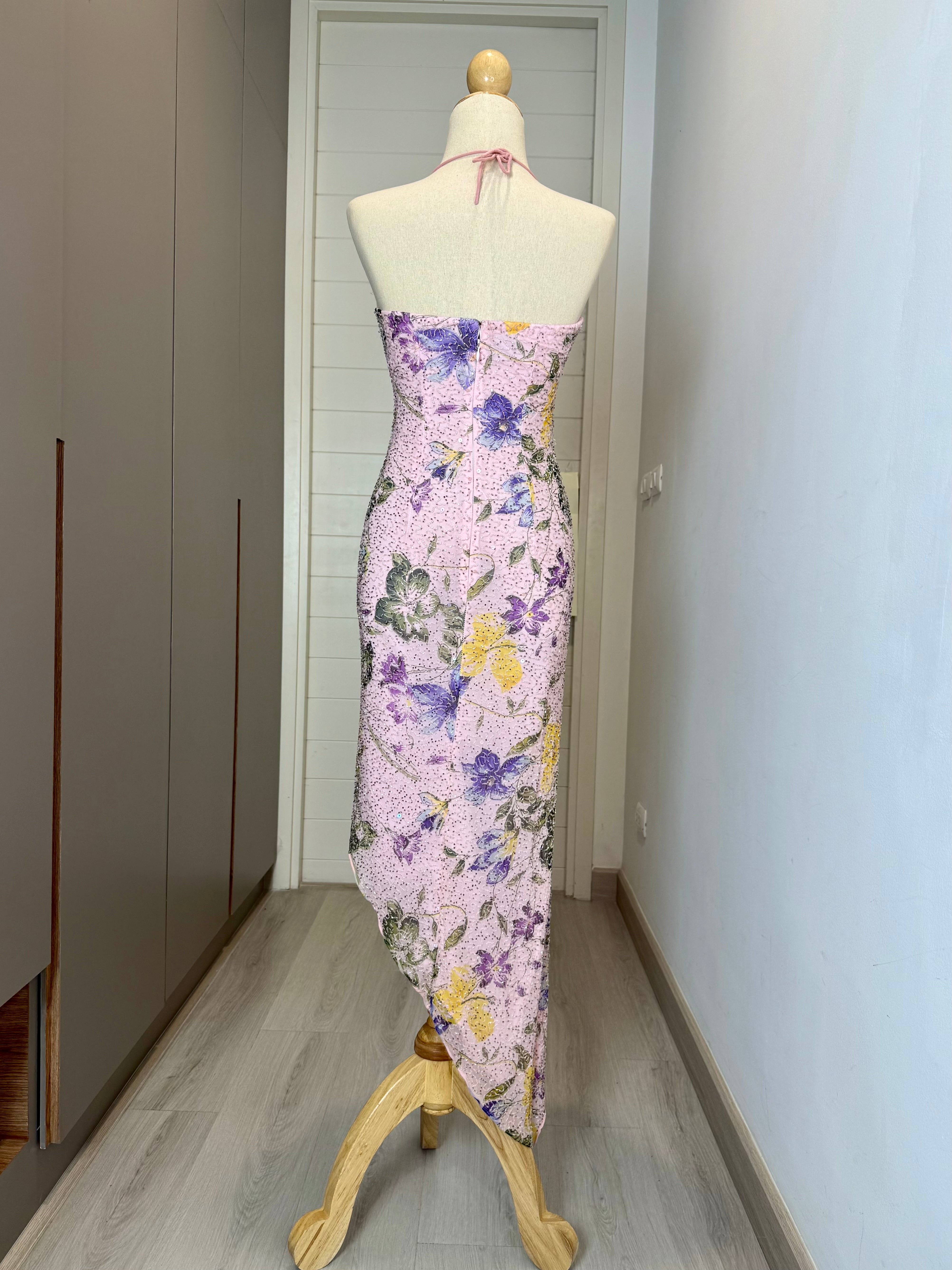 V09 Vintage Floral Pastel Pink Evening Dress (XS-S) ชุดใหม่