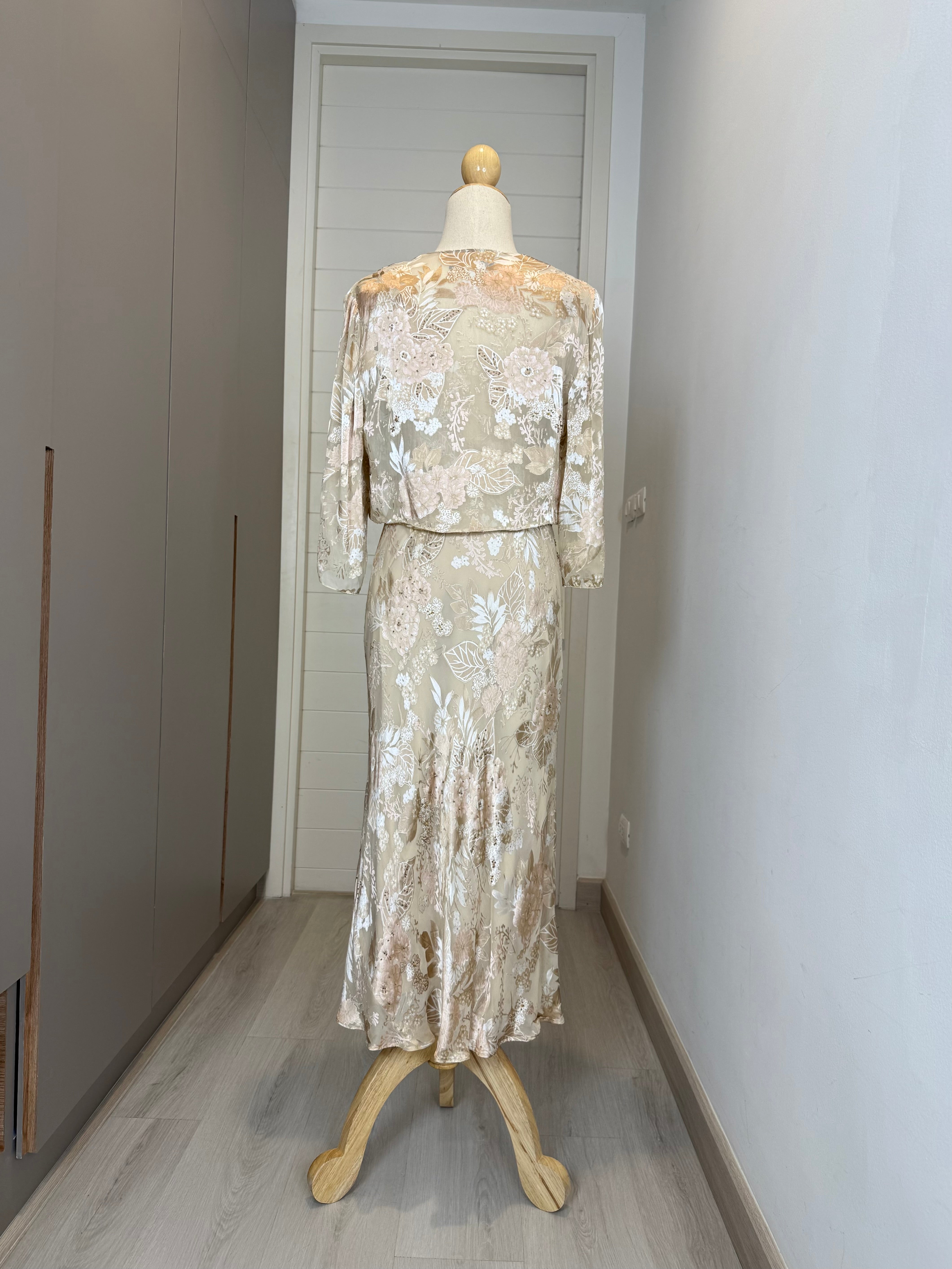 V217 Vintage Alex Evenings Cream Gold Burnout Dress (S)