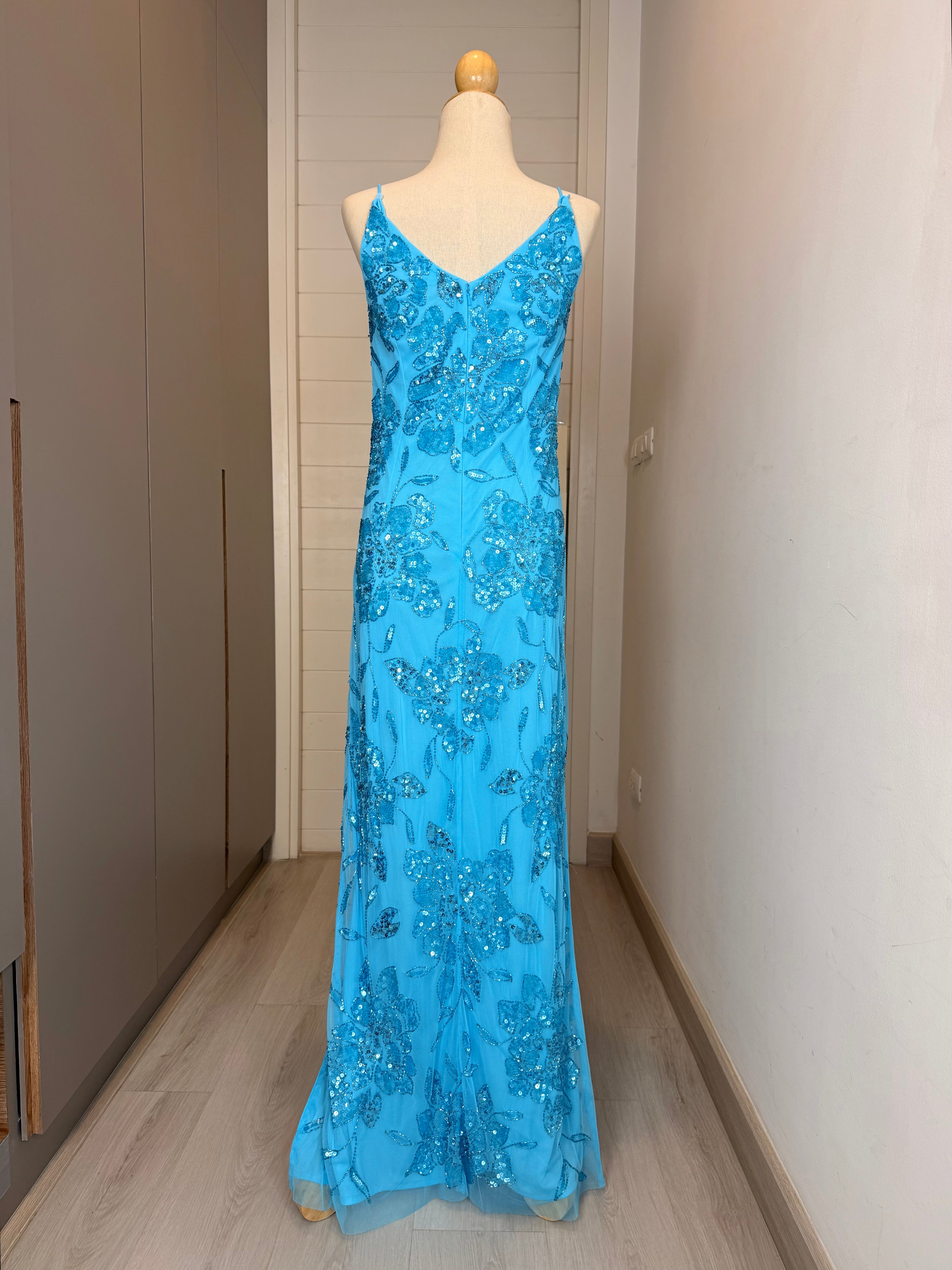 V318 Vintage Caribbean Blue Floral Sequin Slit Gown (L-XL)