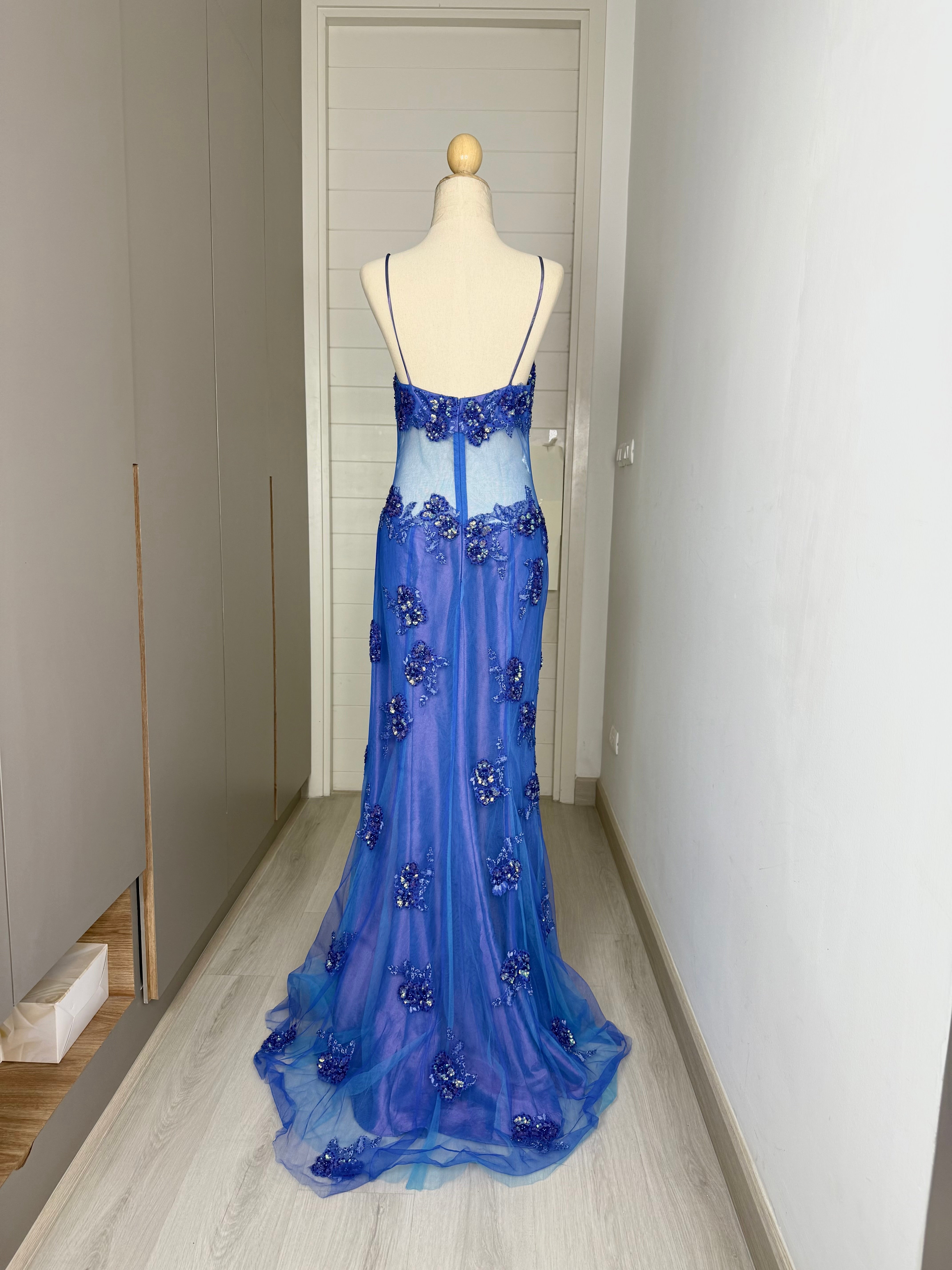 V104 Vintage Sapphire Blue Beaded Gown (S-M)