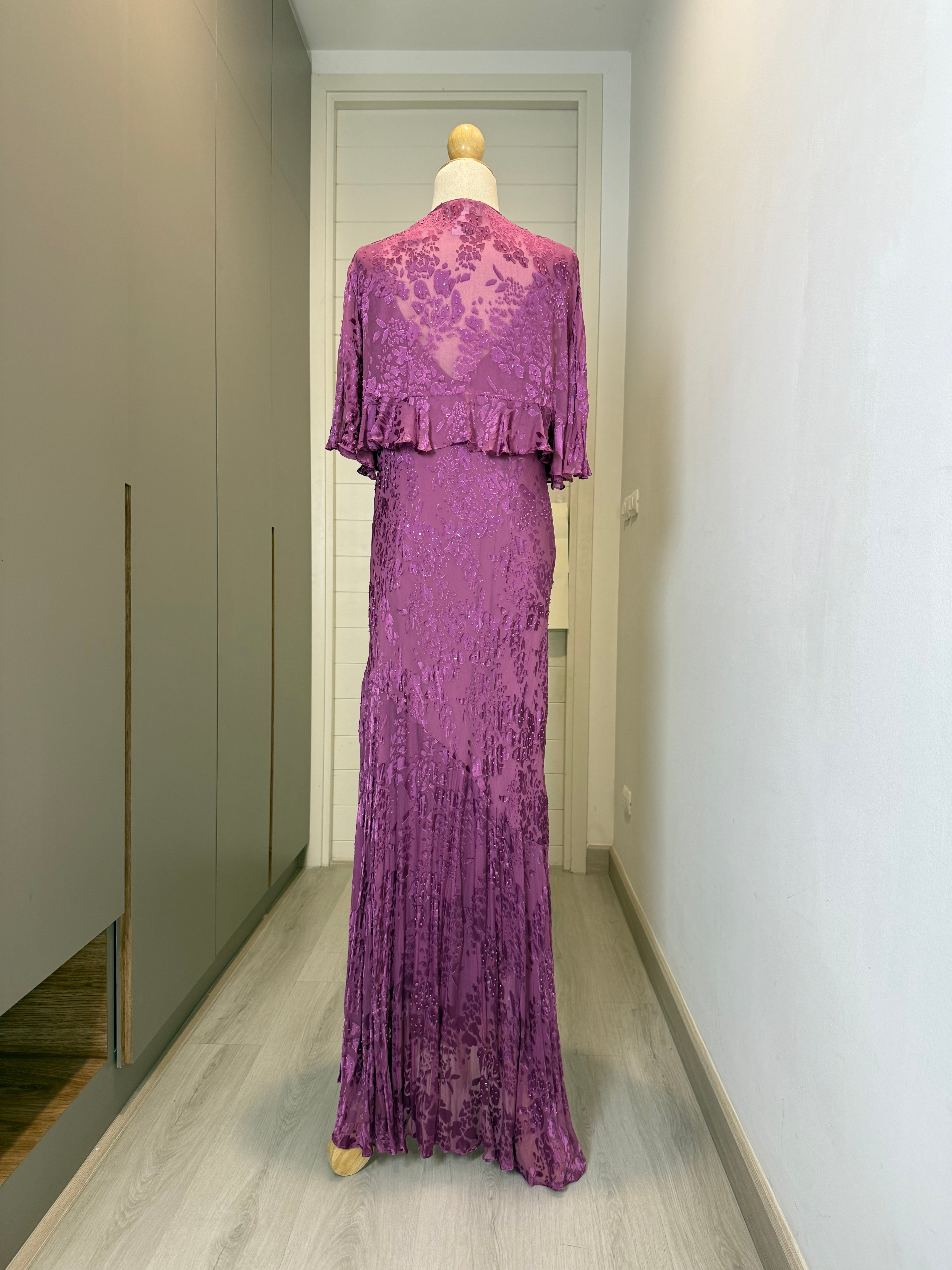 V183 Vintage Alex Evenings Orchid Ruffle Dress (L–XL)