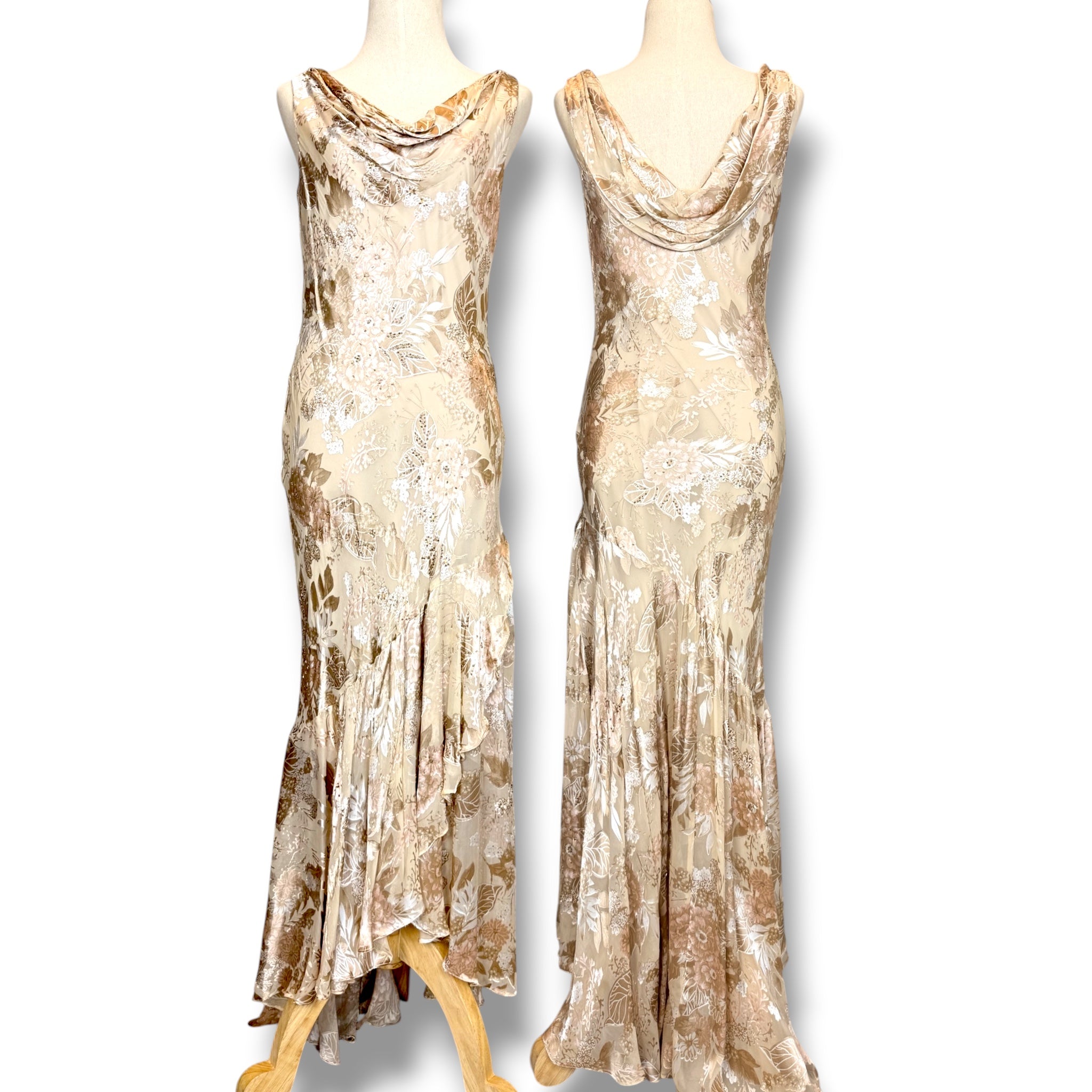V327 Vintage Alex Evenings Champagne Silk Floral Cowl Gown (S-M)
