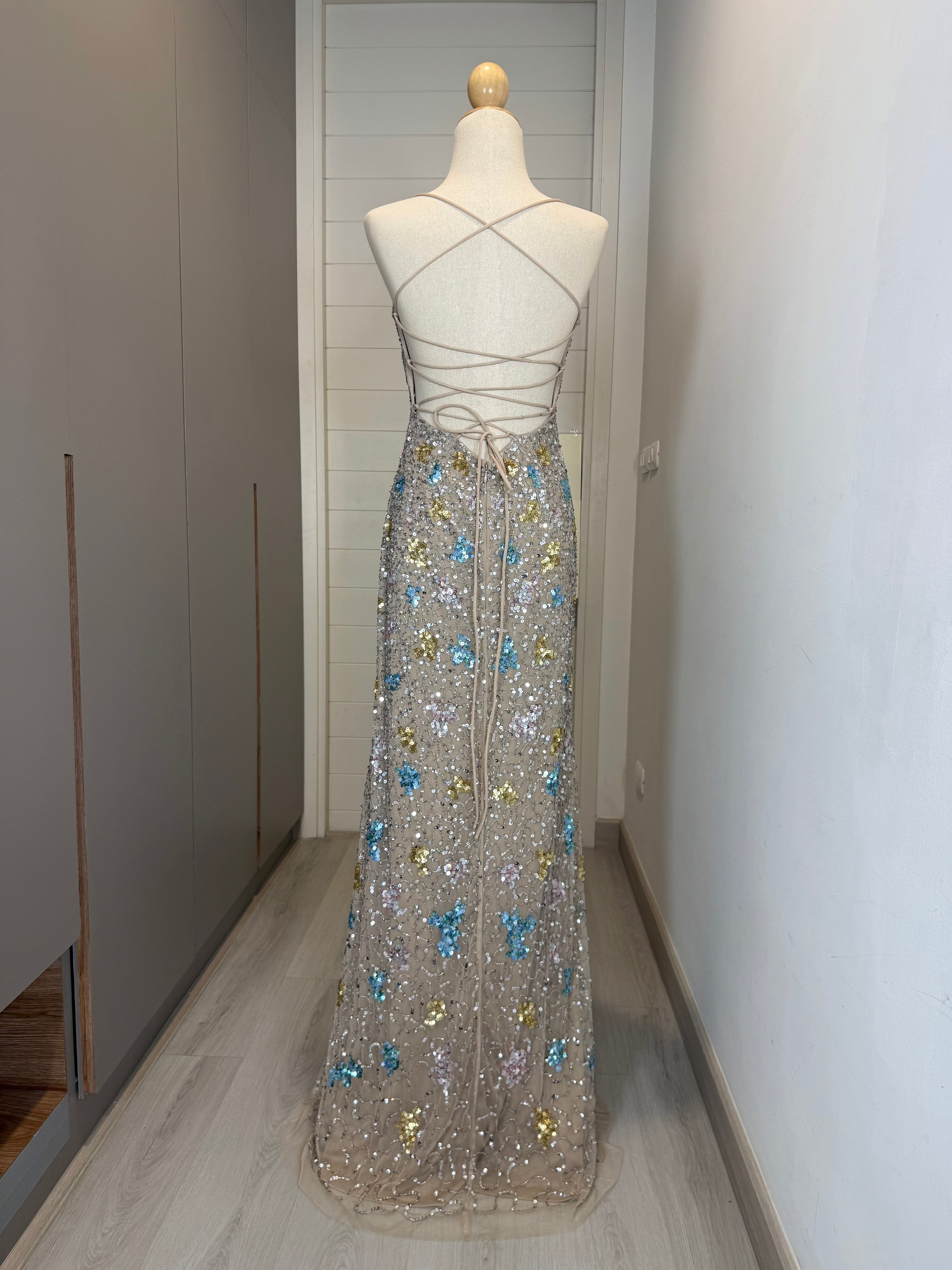 V265 New Design Primavera Couture Champagne Multi-Color Lace-Up Sequin Gown (XS–S)