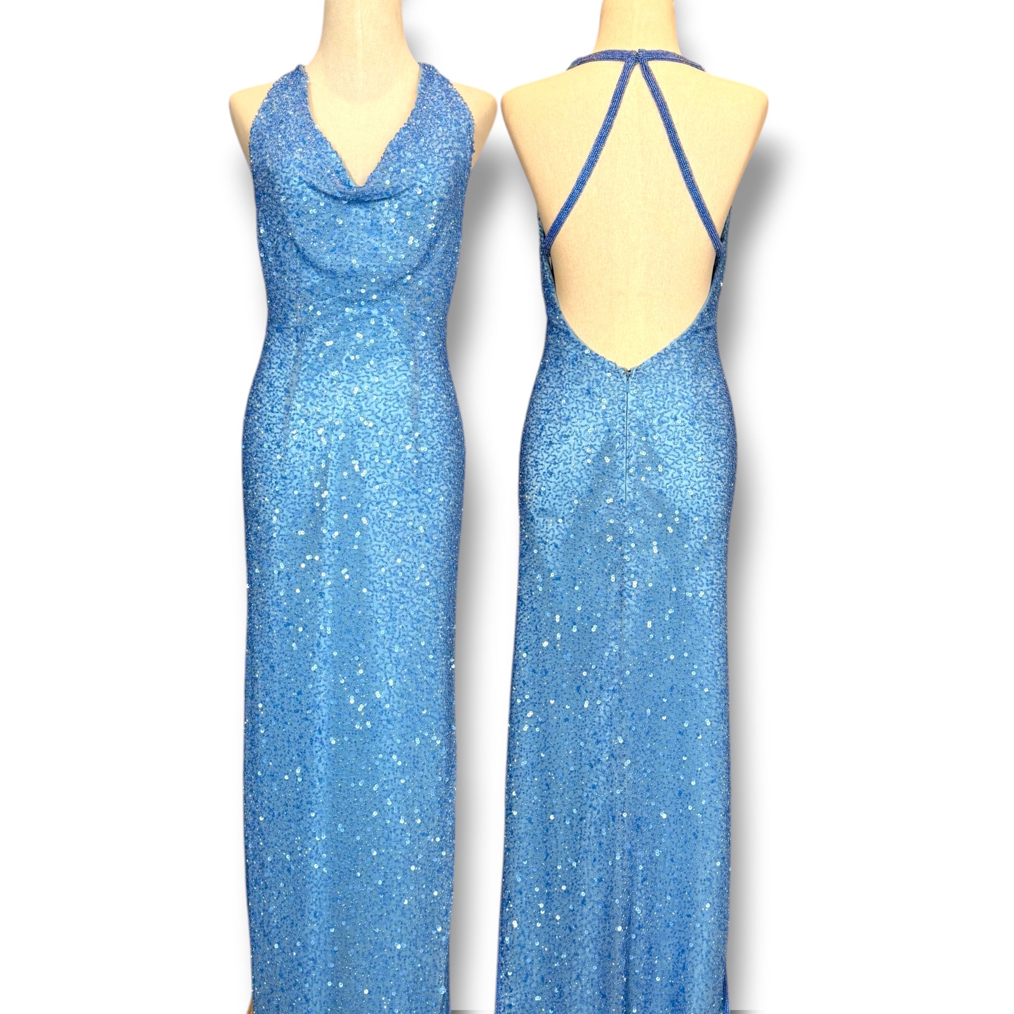 V319 Vintage Scala Crystal Blue Sequin Cowl Neck Backless Gown (S)