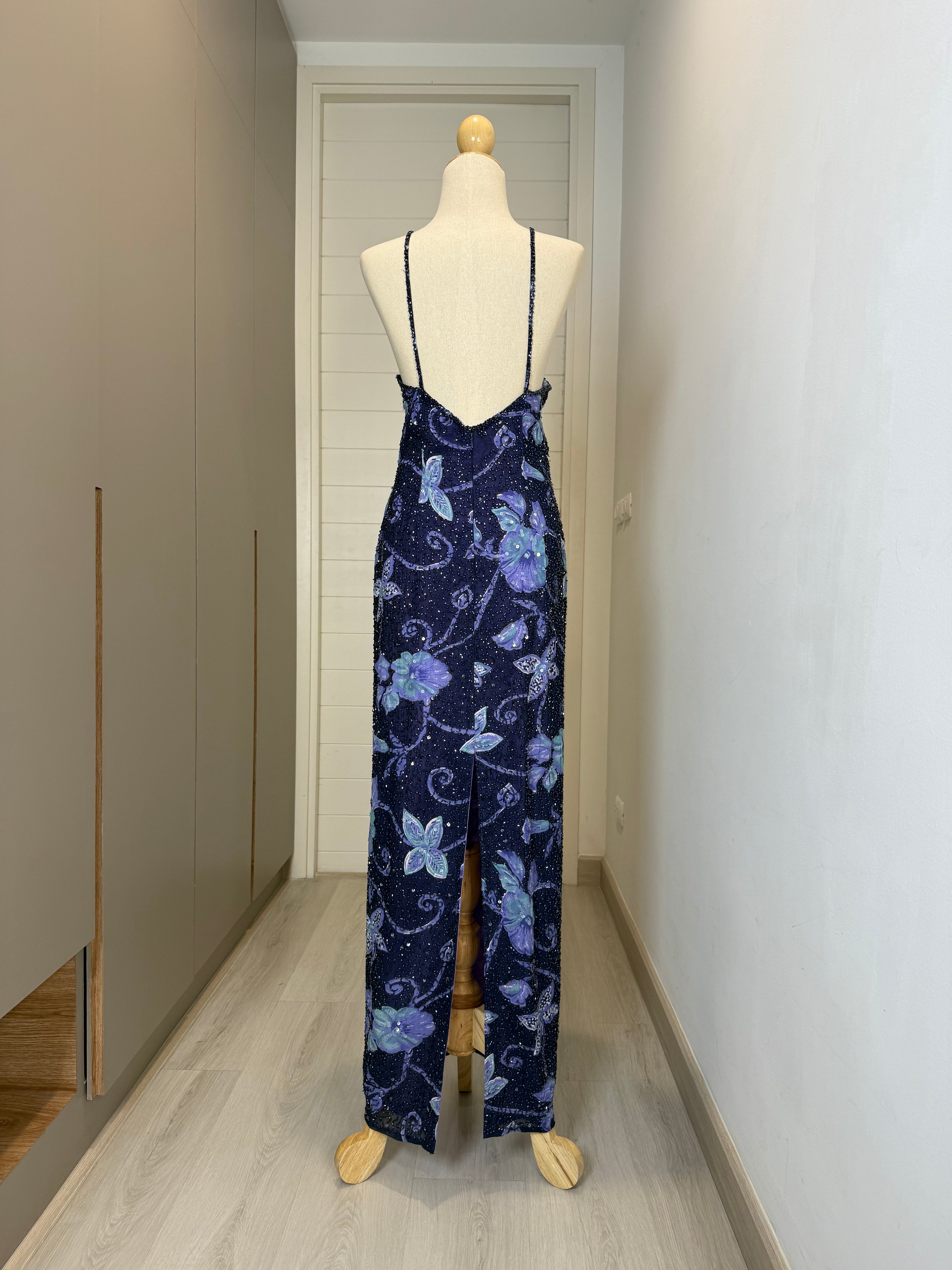 V218 Vintage Papell Boutique Evening Midnight Blossom Gown (M)