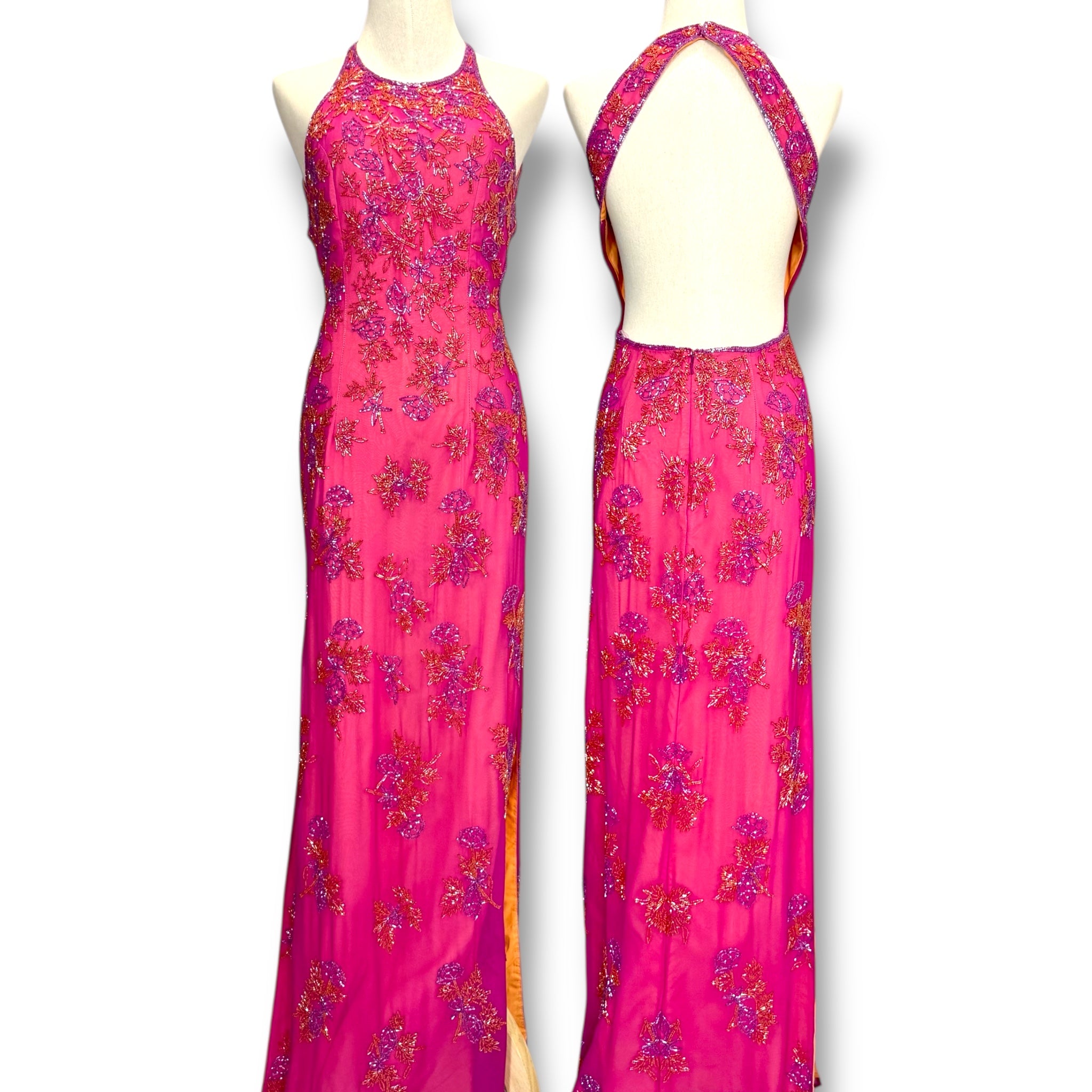 V251 Vintage Fuchsia Beaded Halter Backless Gown (XS–S)