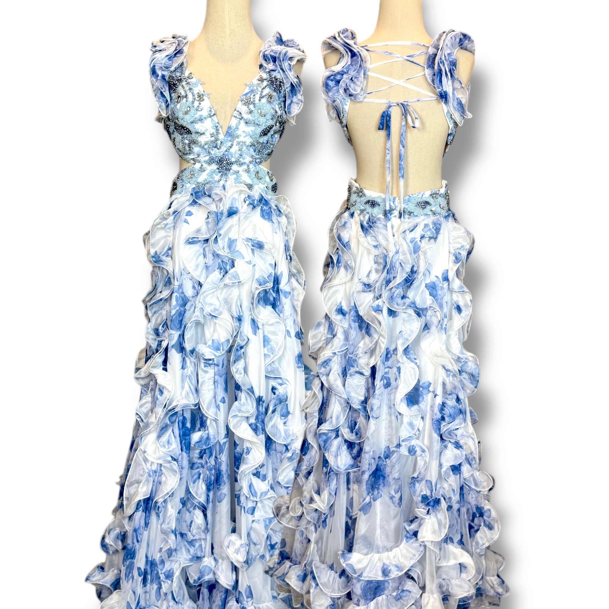 V242 Vintage-Style Mac Duggal Blue Ruffle Gown (XS–S) *ตัดความยาวพิเศษสำหรับสาว Petite*