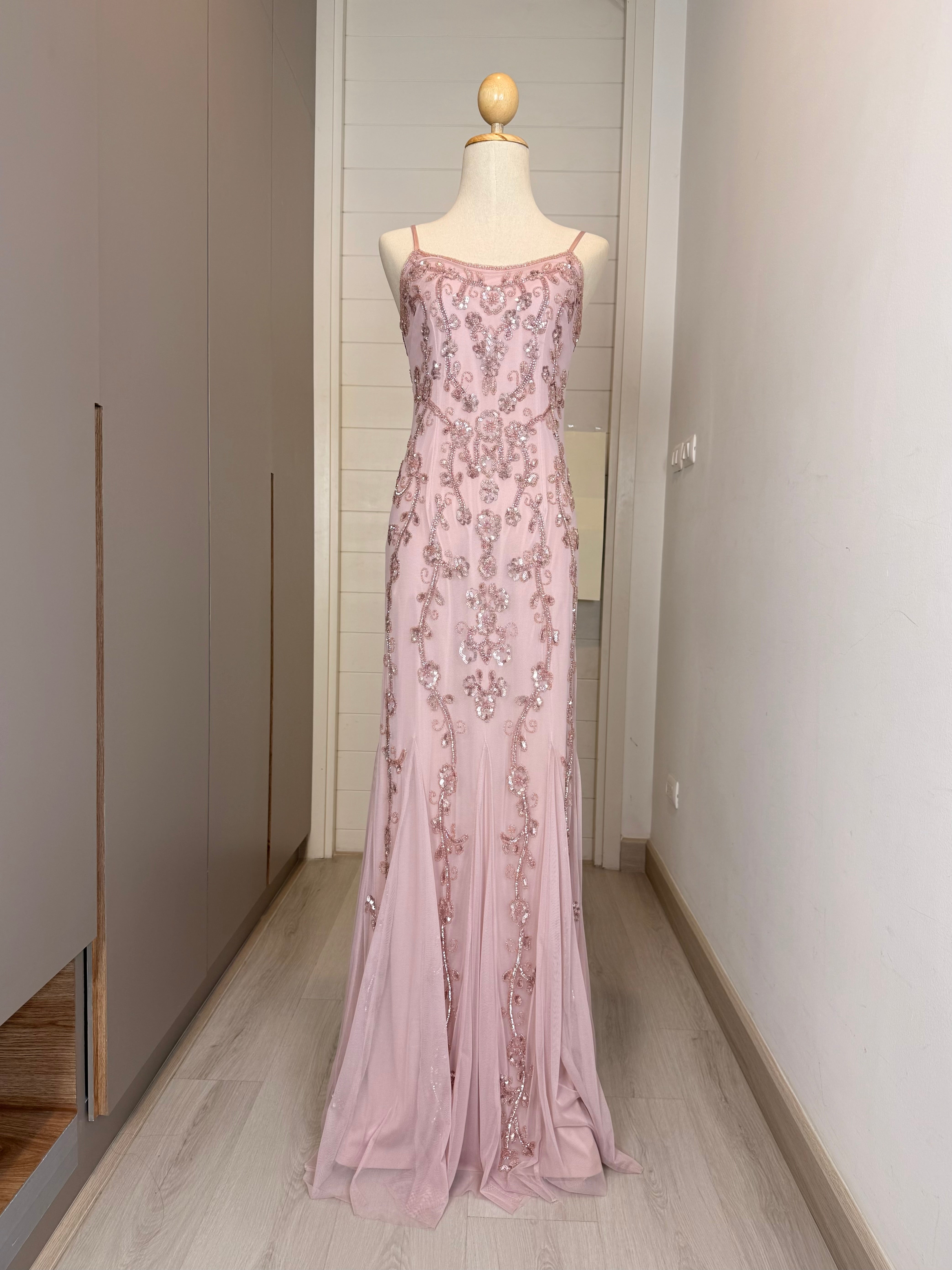 V326 Vintage Antique Rose Floral Beaded Gown (XS-S)