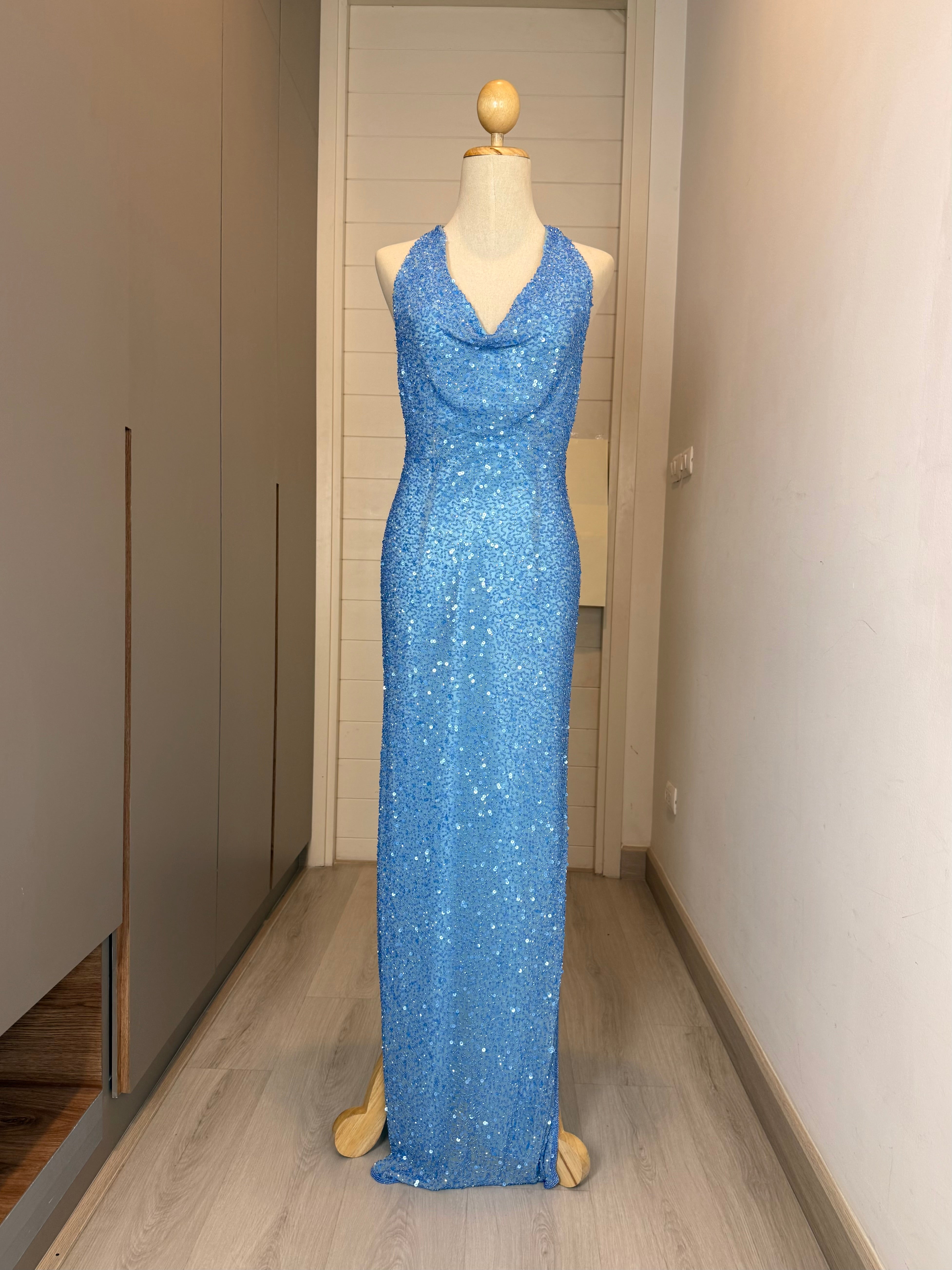 V319 Vintage Scala Crystal Blue Sequin Cowl Neck Backless Gown (S)