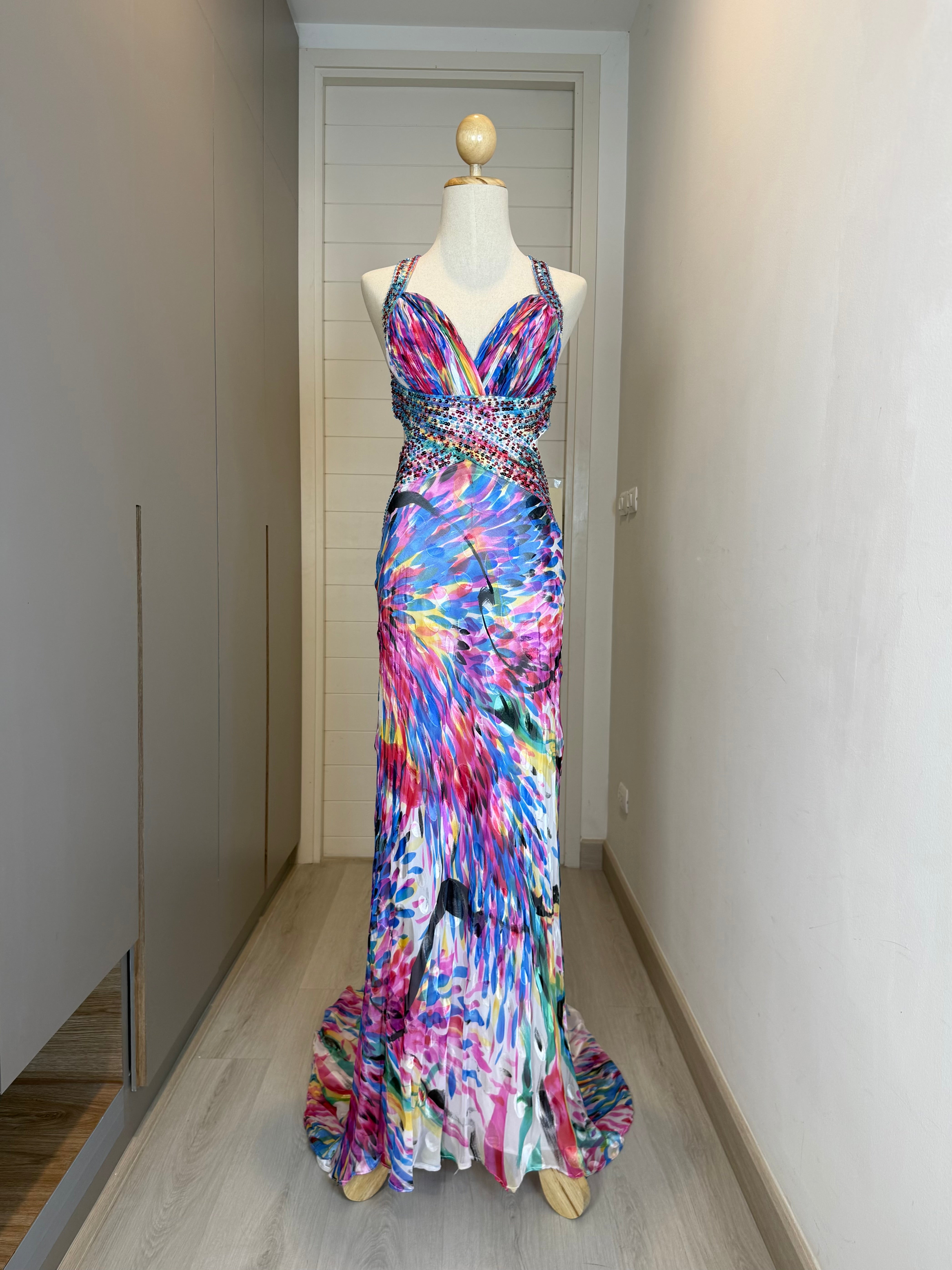 V249 Vintage La Femme Rainbow Crystal Open-Back Gown (S)