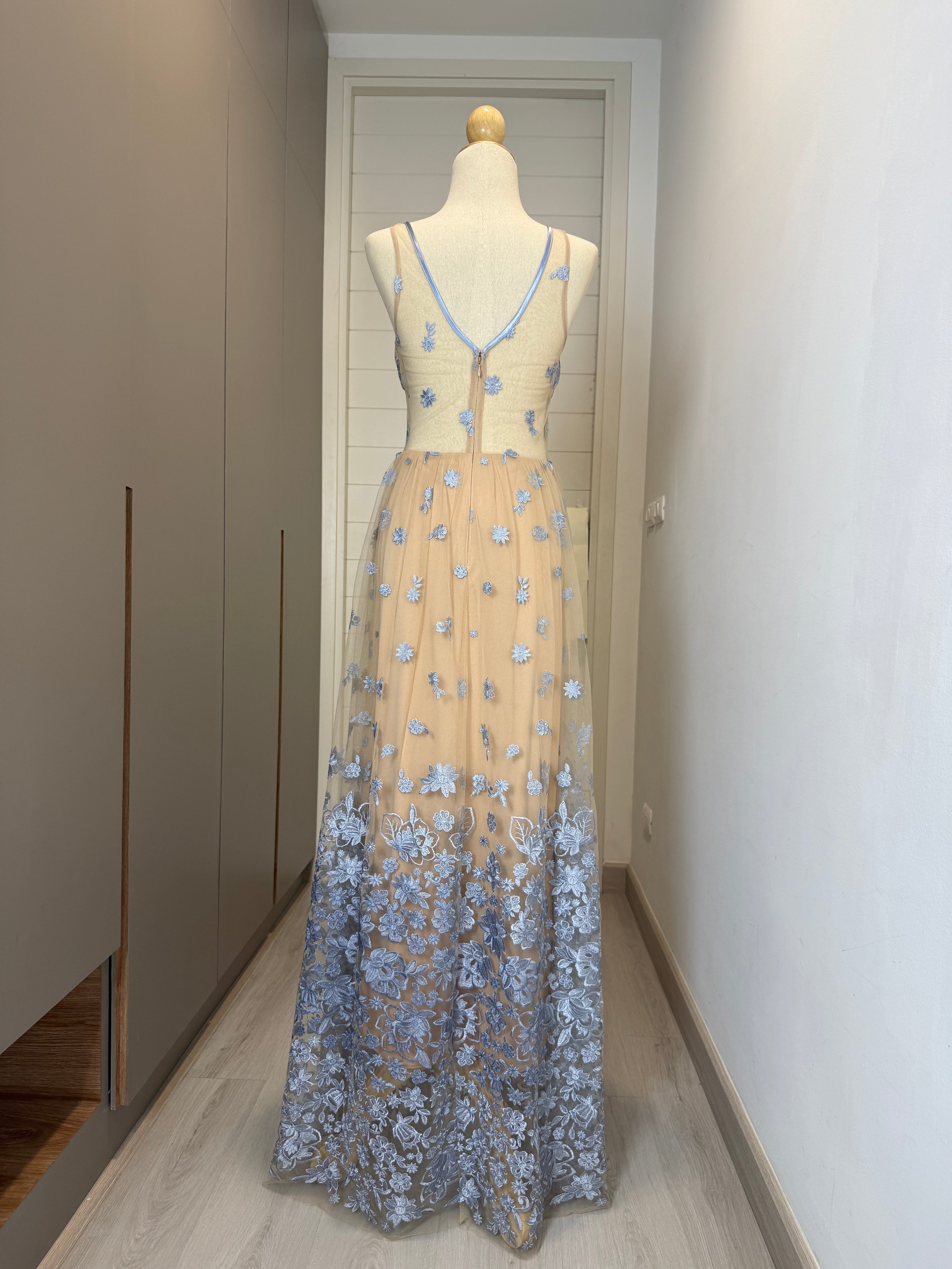 V191 Vintage Blue Bloom Embroidered Gown (XS)