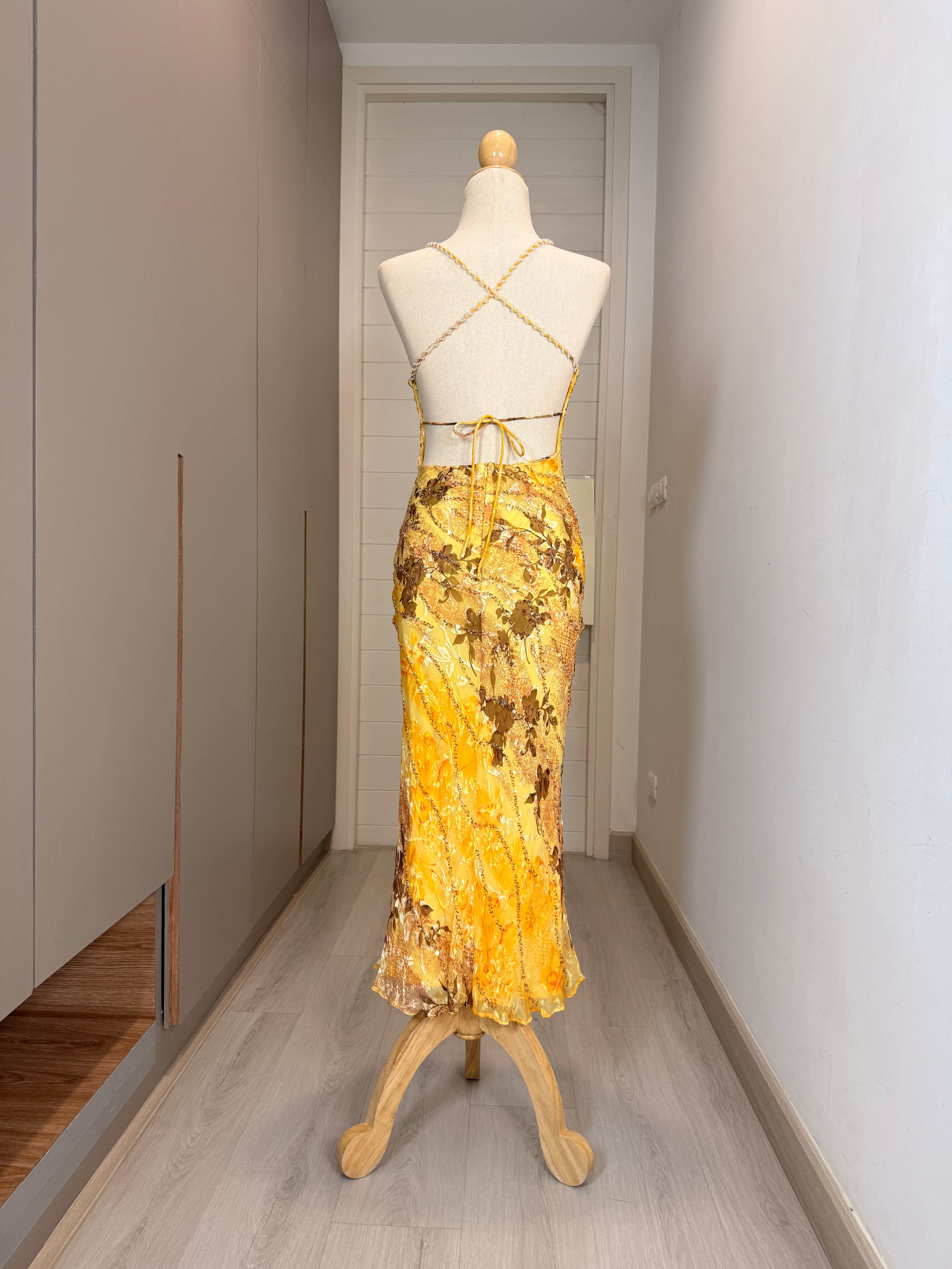 V299 Vintage Cache Golden Sunflower Silk Gown (XS) *ตัดความยาวพิเศษ สำหรับสูง 150-155 ซม*