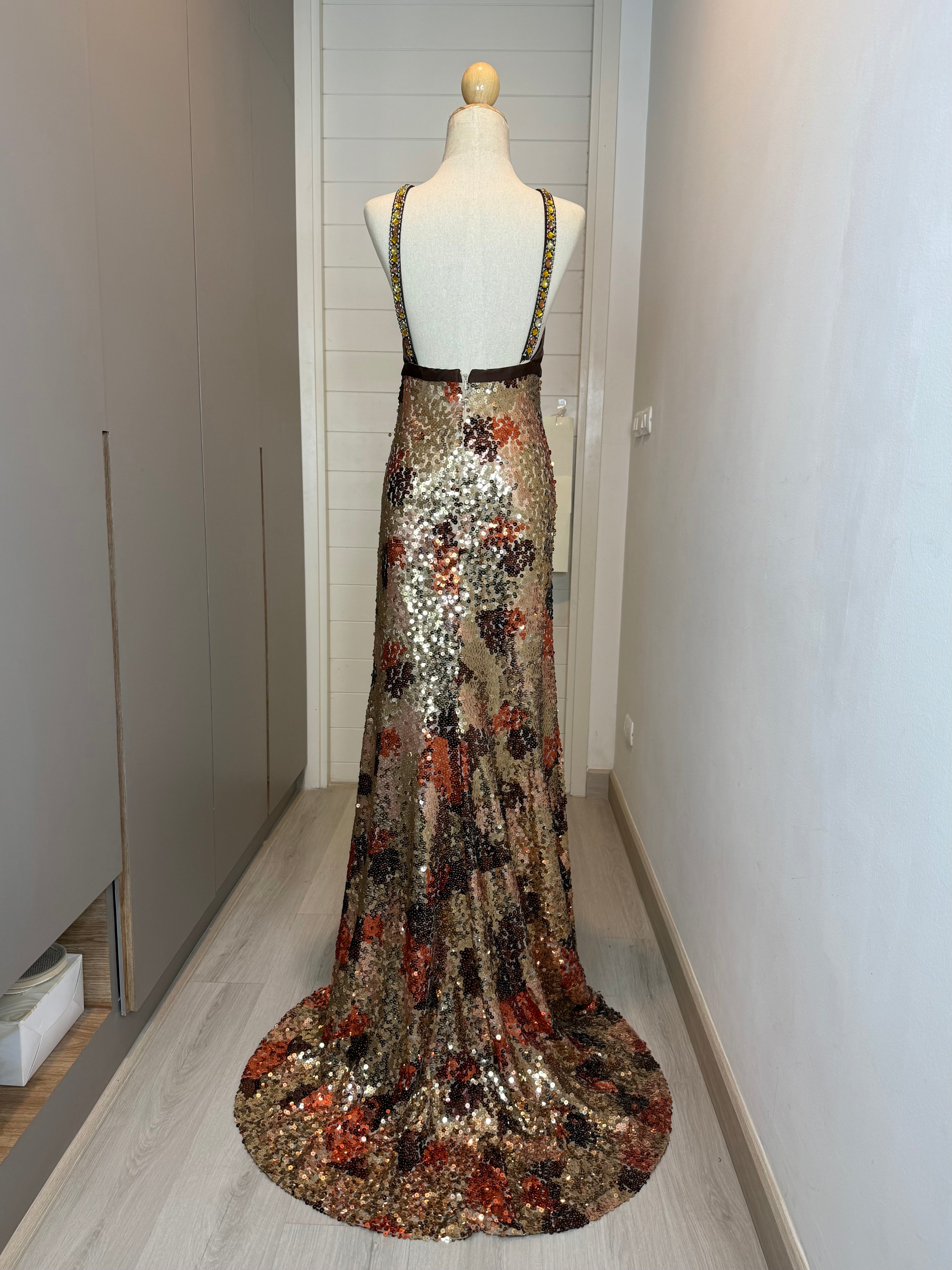 V129 Vintage Super Rare Golden Mocha Sequins Gown (XS-S)