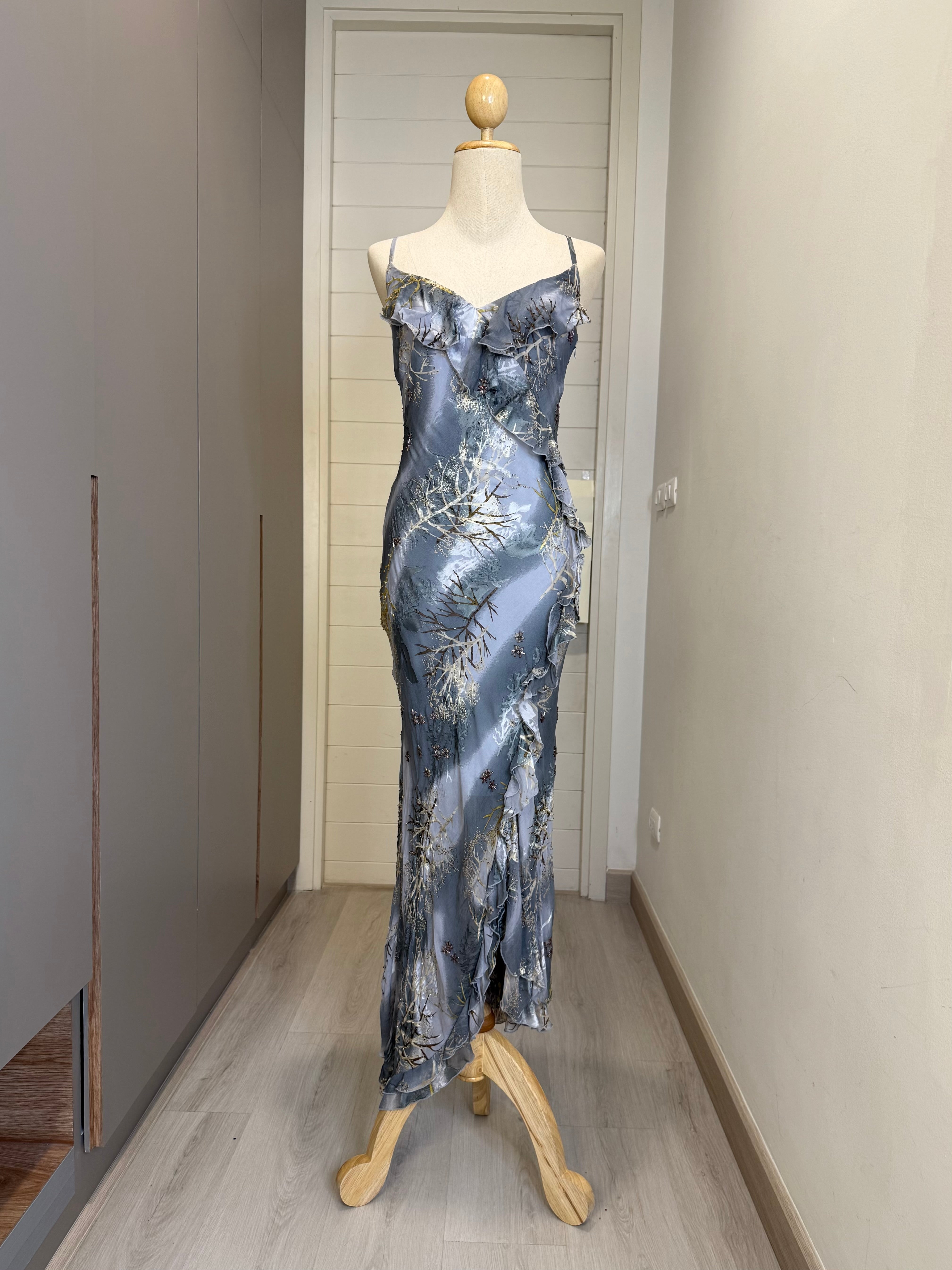 V234 Vintage Frosted Blue Ruffle Garden Slip Dress (XS-S)