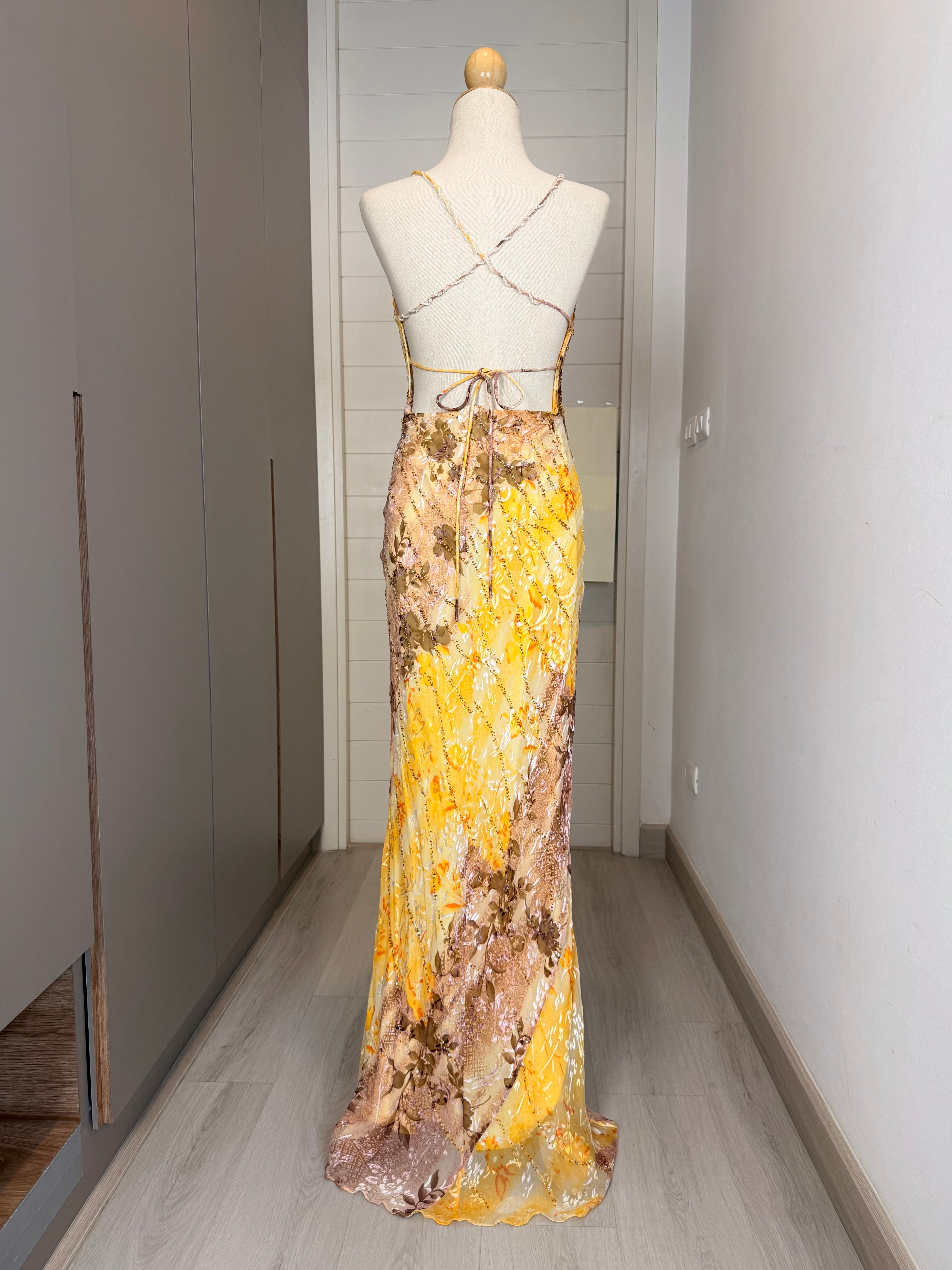 V311 Vintage Sue Wong Golden Garden Silk Gown (XS-S)