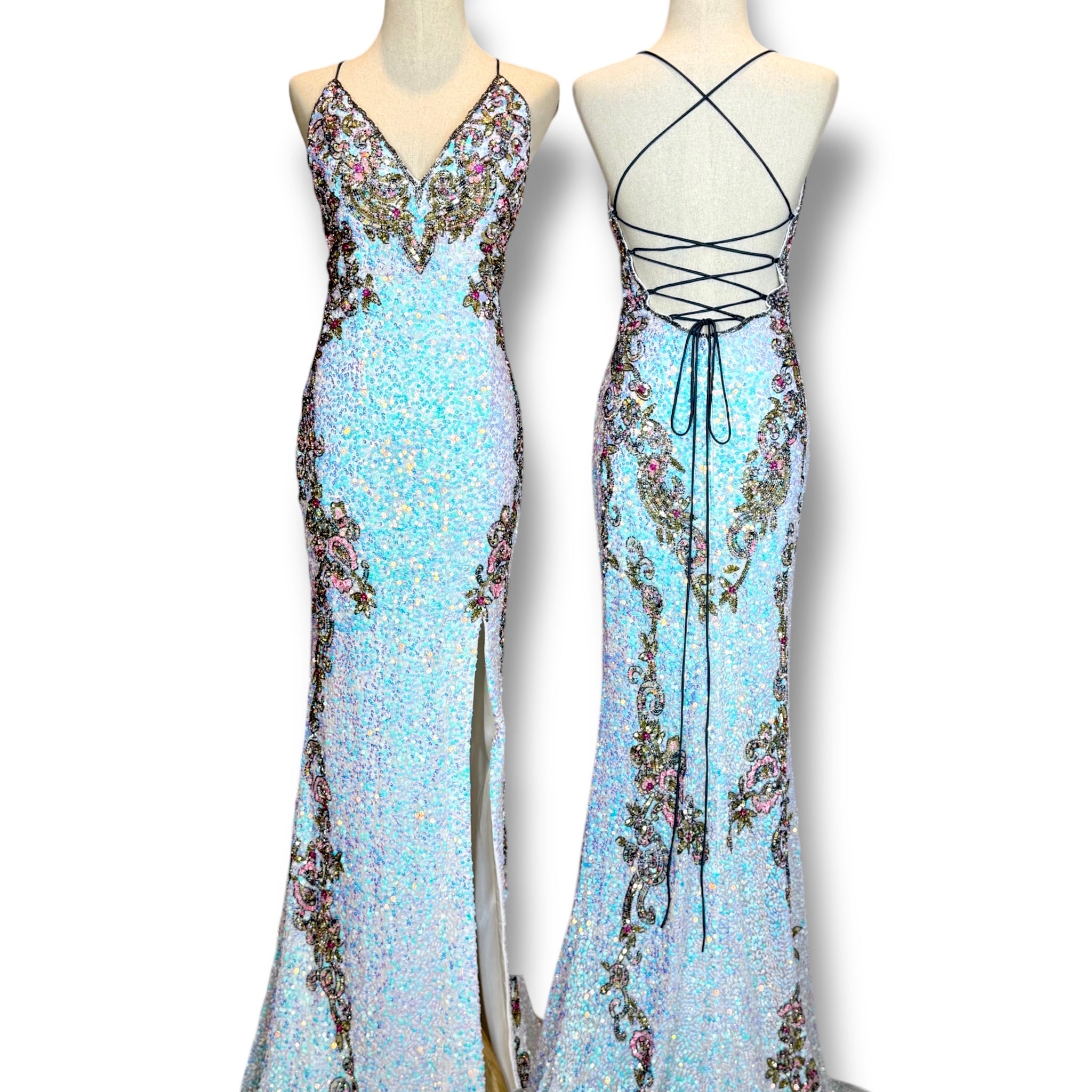 V246 Vintage-Style Primavera Iridescent Aqua Sequin Lace-Up Gown (XS-S) สายสานหลังปรับระดับได้