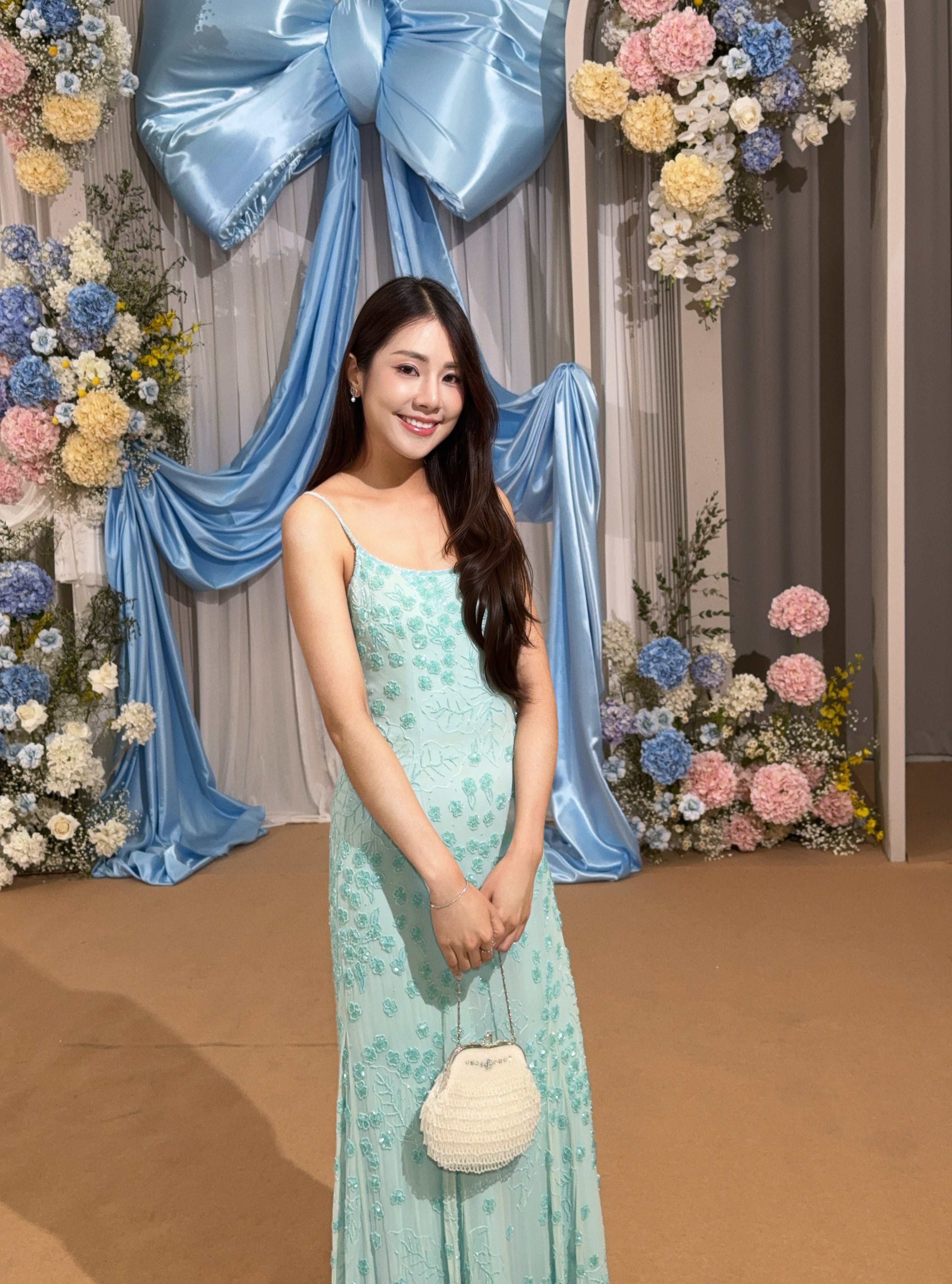 V251 Vintage Scala Aqua Blossom Beaded Slip Dress (S)