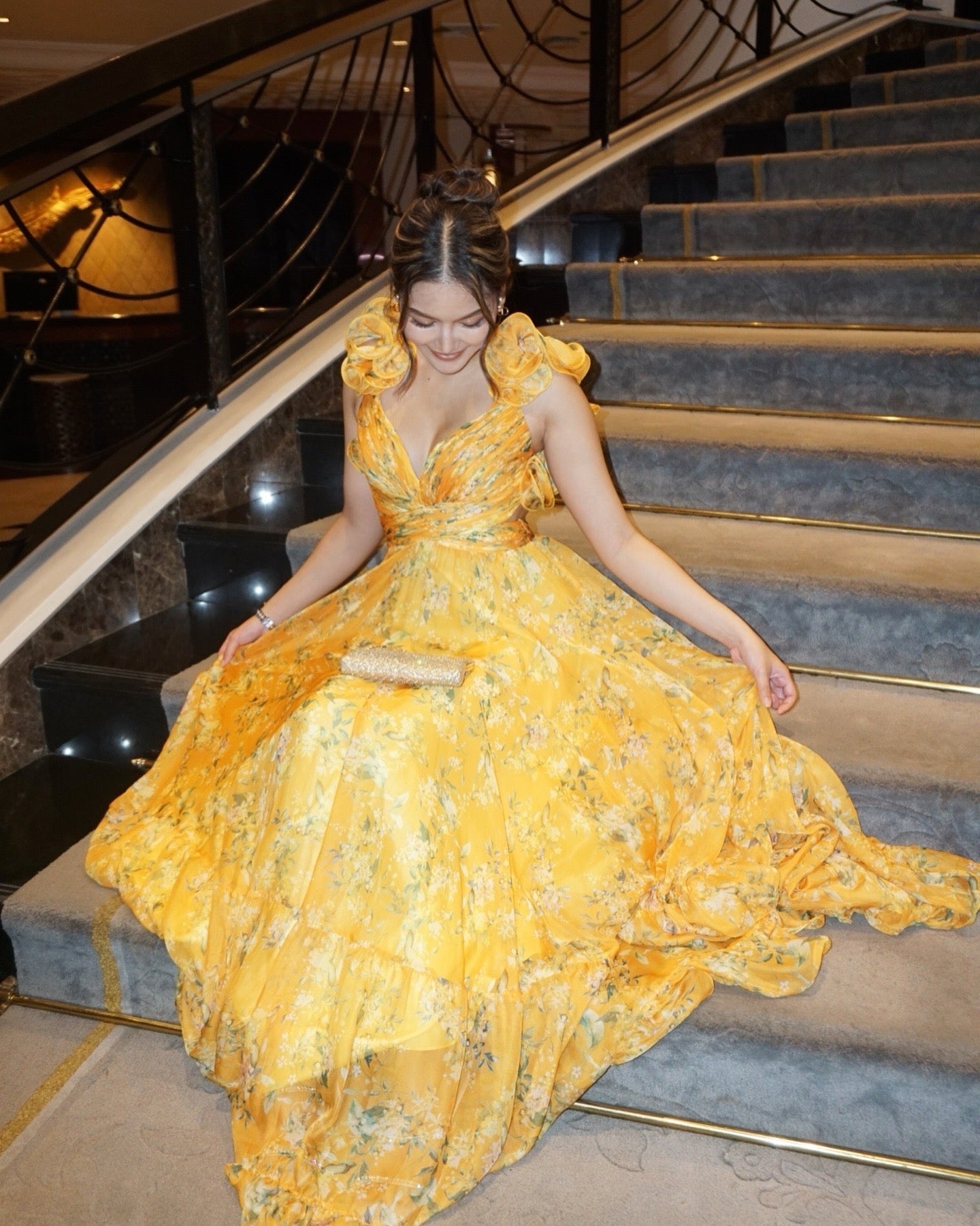 M10 Mac Duggal Yellow Evening Gown (S) (ถูกตัดความยาว สั้นกว่าตัวอื่น)