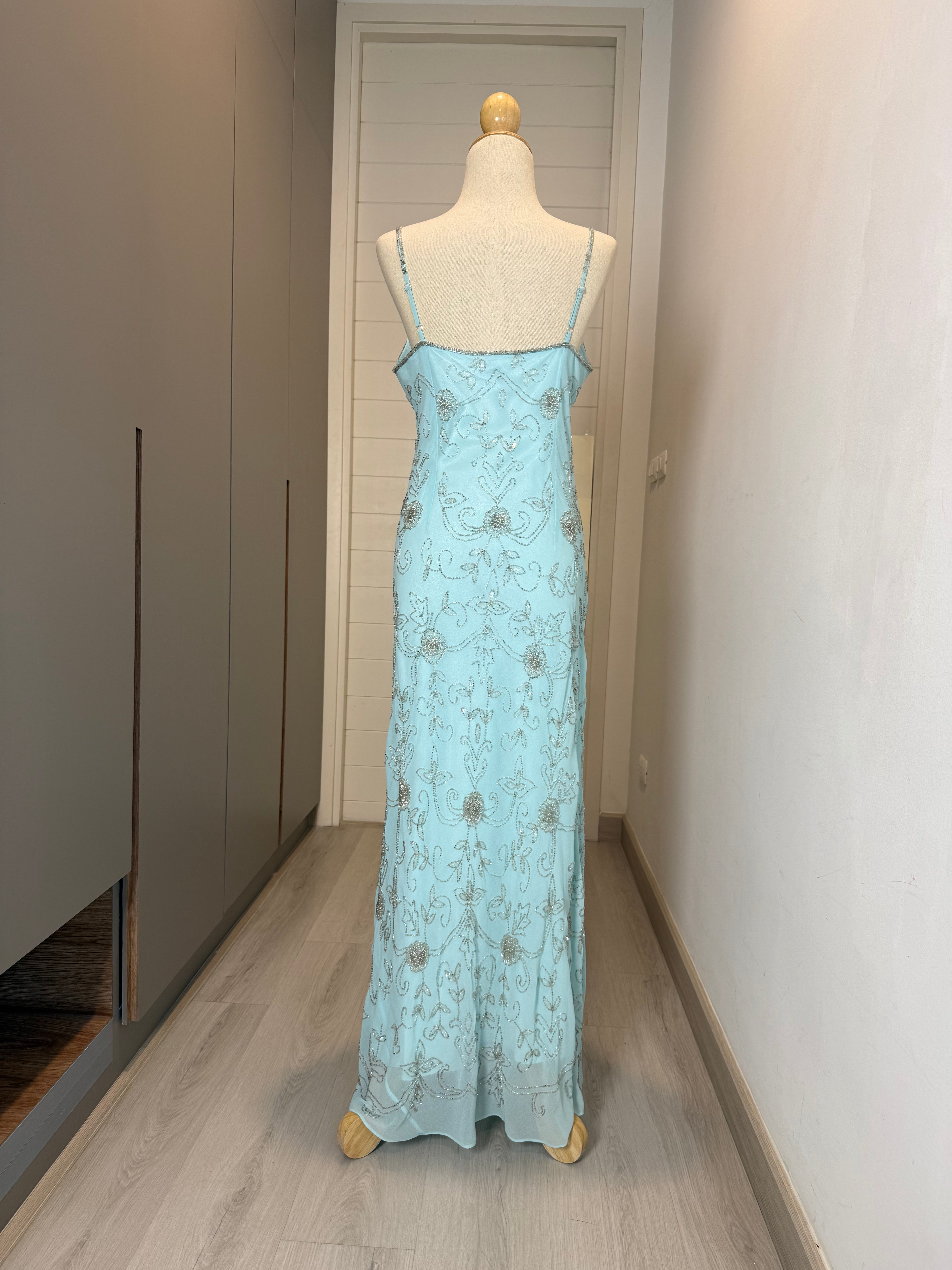 V260 Vintage Aqua Silver Beaded Slip Gown (M)