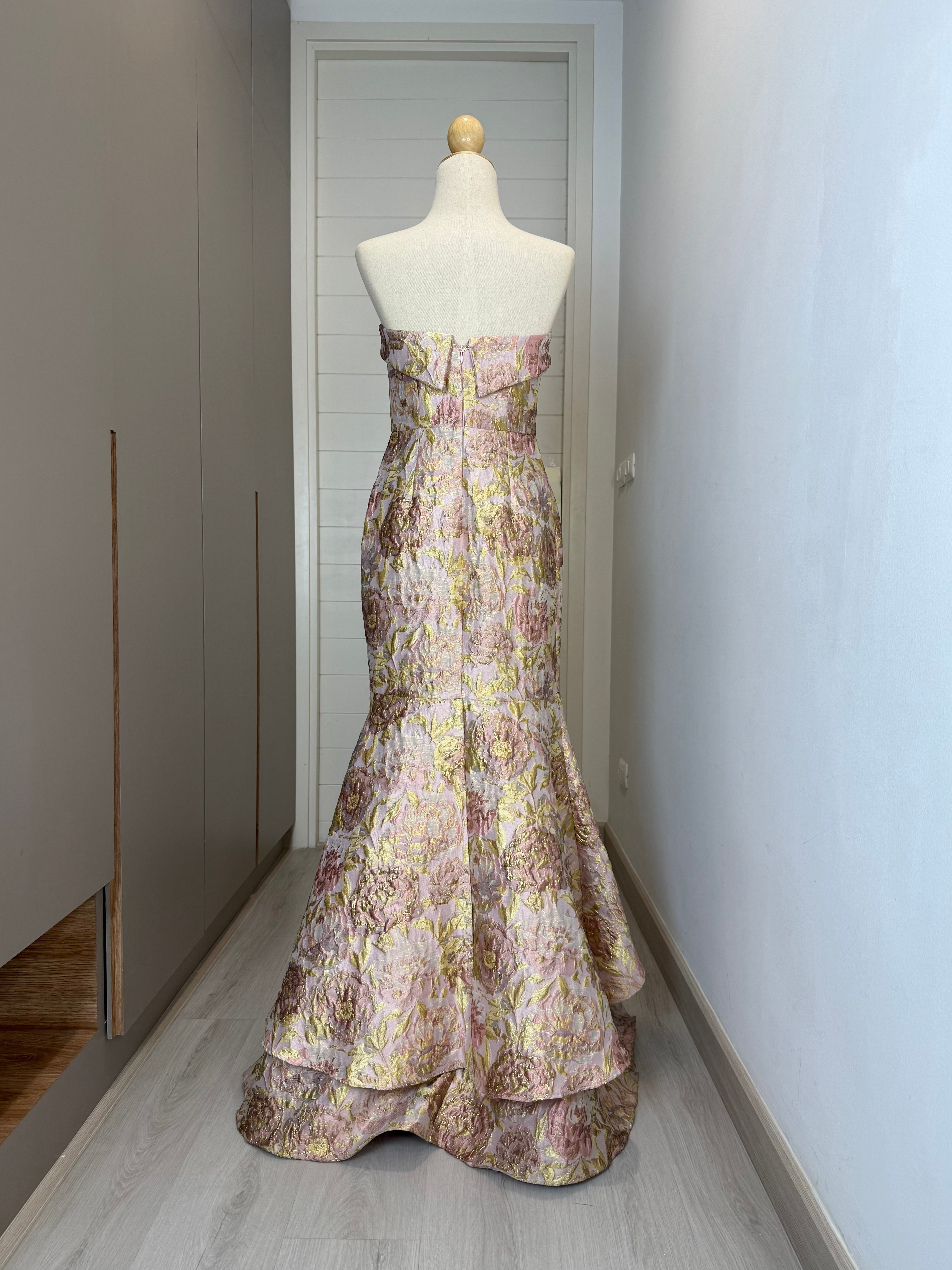 V203 Vintage Style Rosé Brocade Strapless Dress (XS-S)