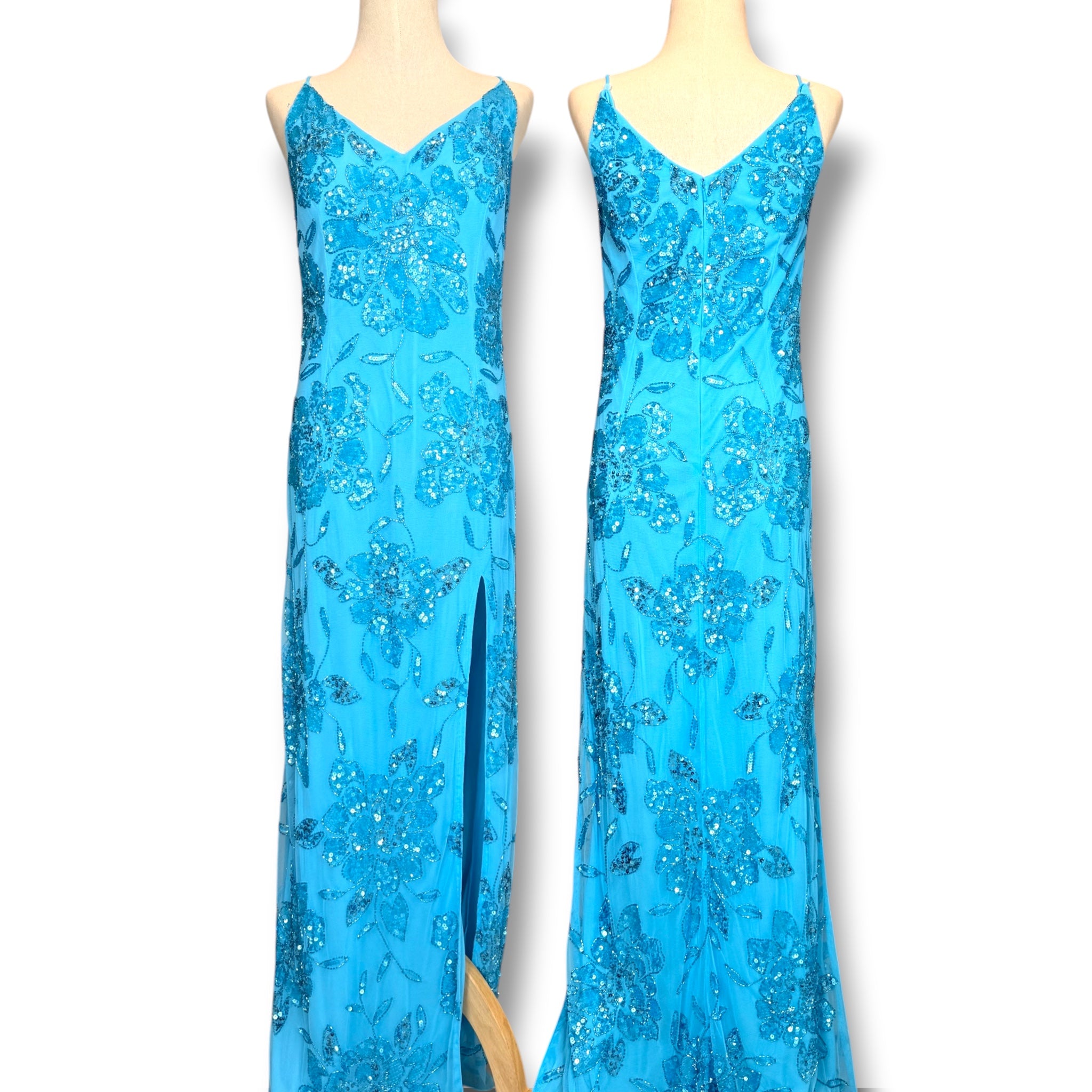 V318 Vintage Caribbean Blue Floral Sequin Slit Gown (L-XL)
