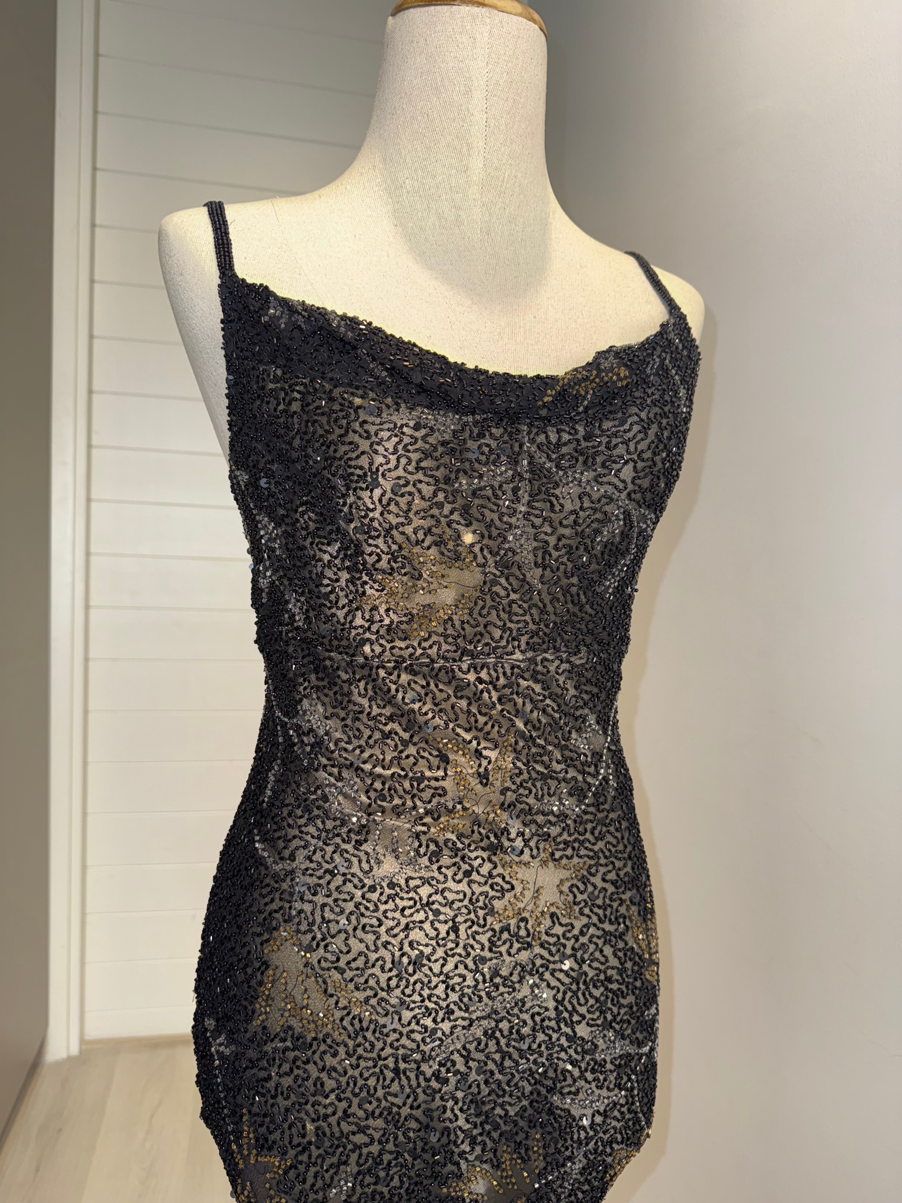 V145 Vintage Scala Black Sequin Gown (XS-S)