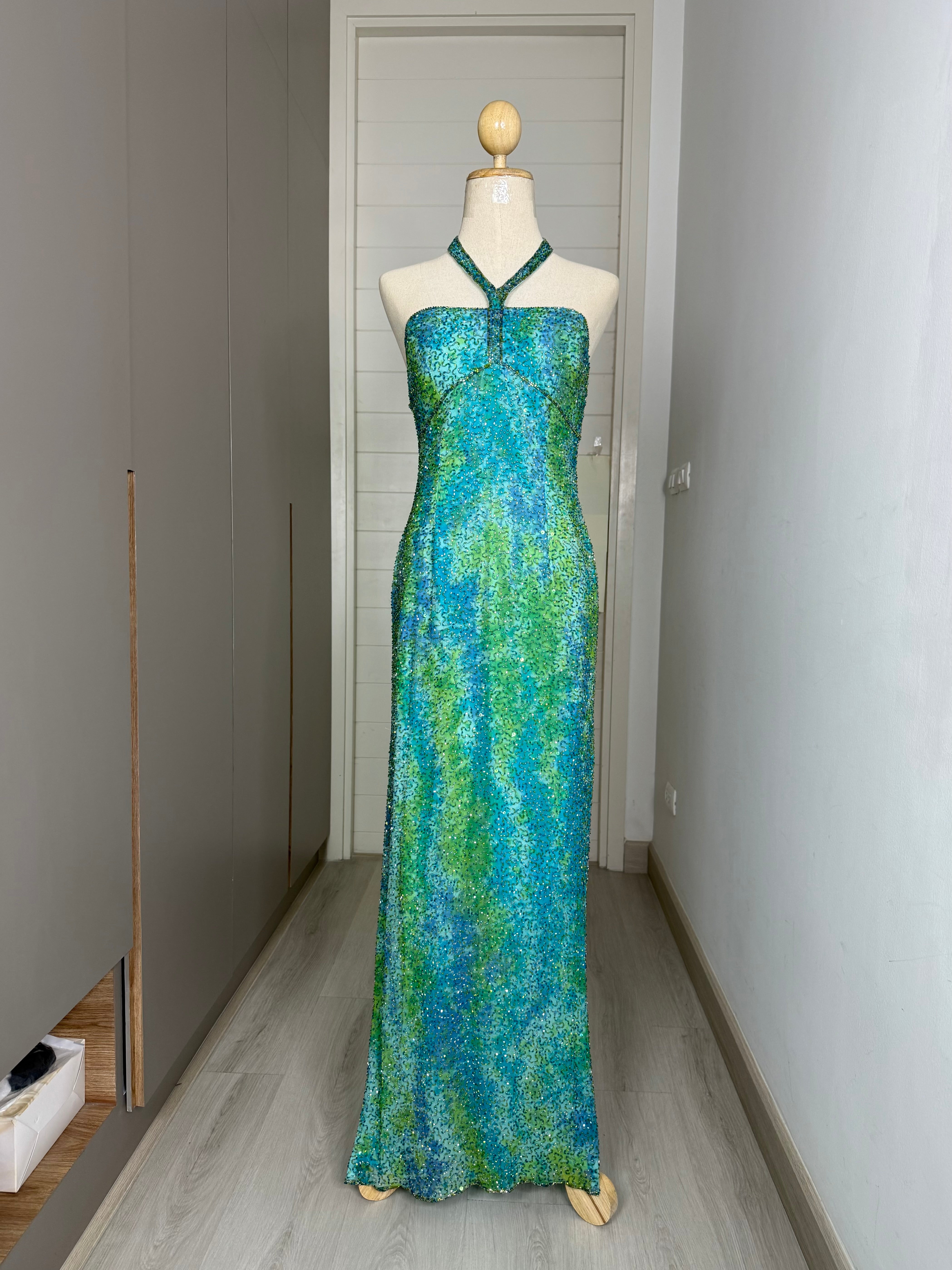 V111 Vintage Emerald Mist Halter Gown (XS-S)