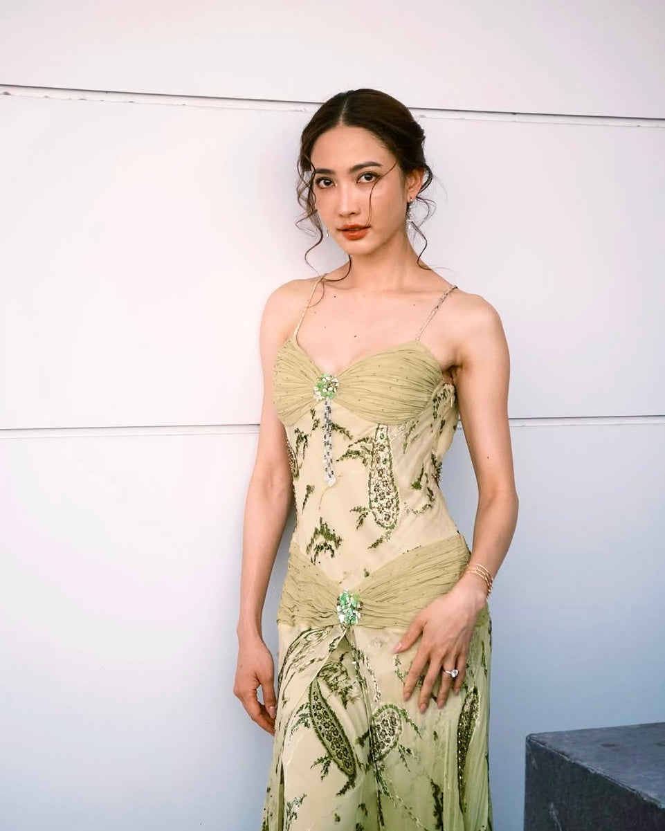 V67 Vintage Super Rare Sue Wong Boho Olive Green Evening Gown (XS-S)