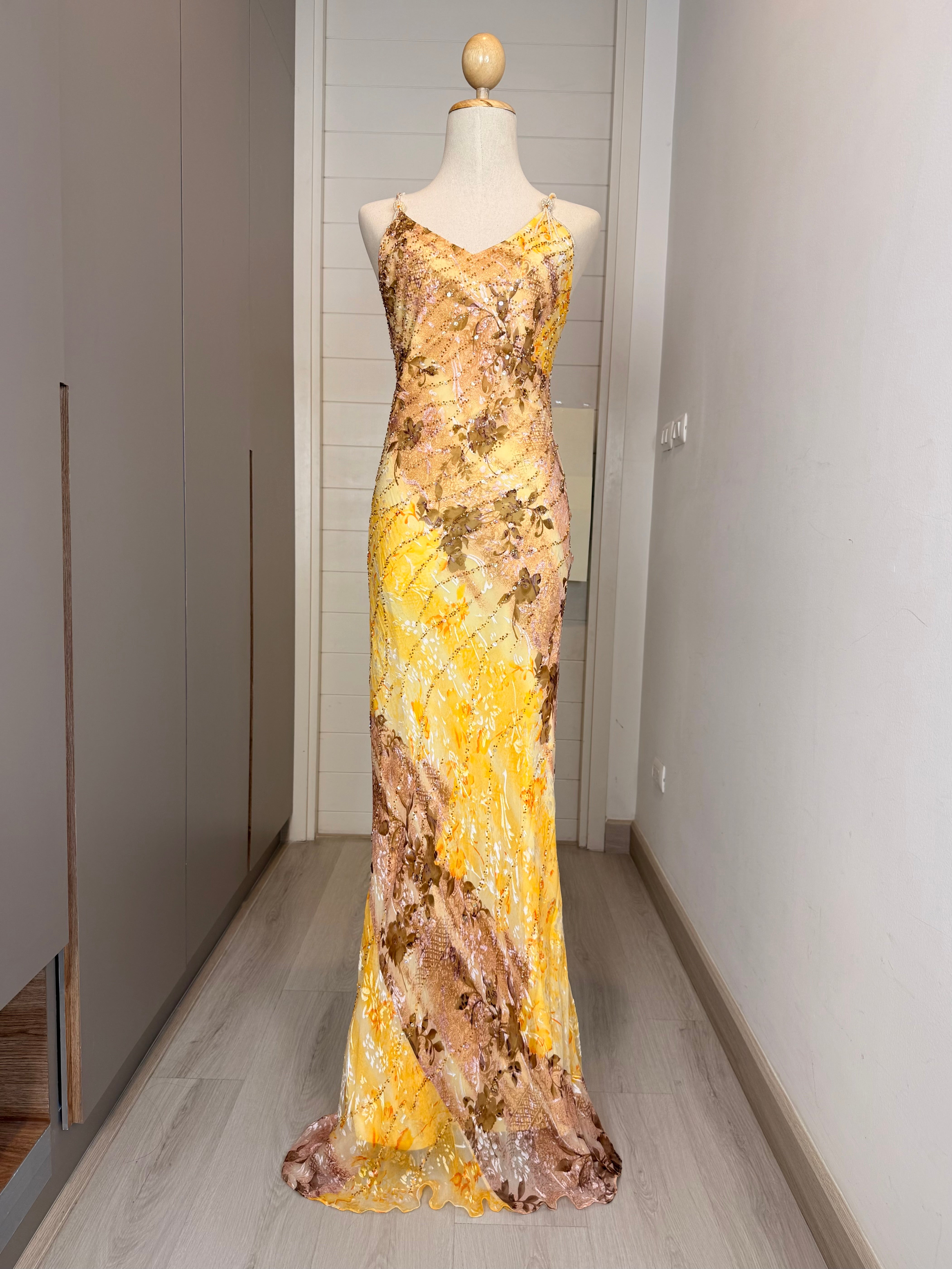 V311 Vintage Sue Wong Golden Garden Silk Gown (XS-S)