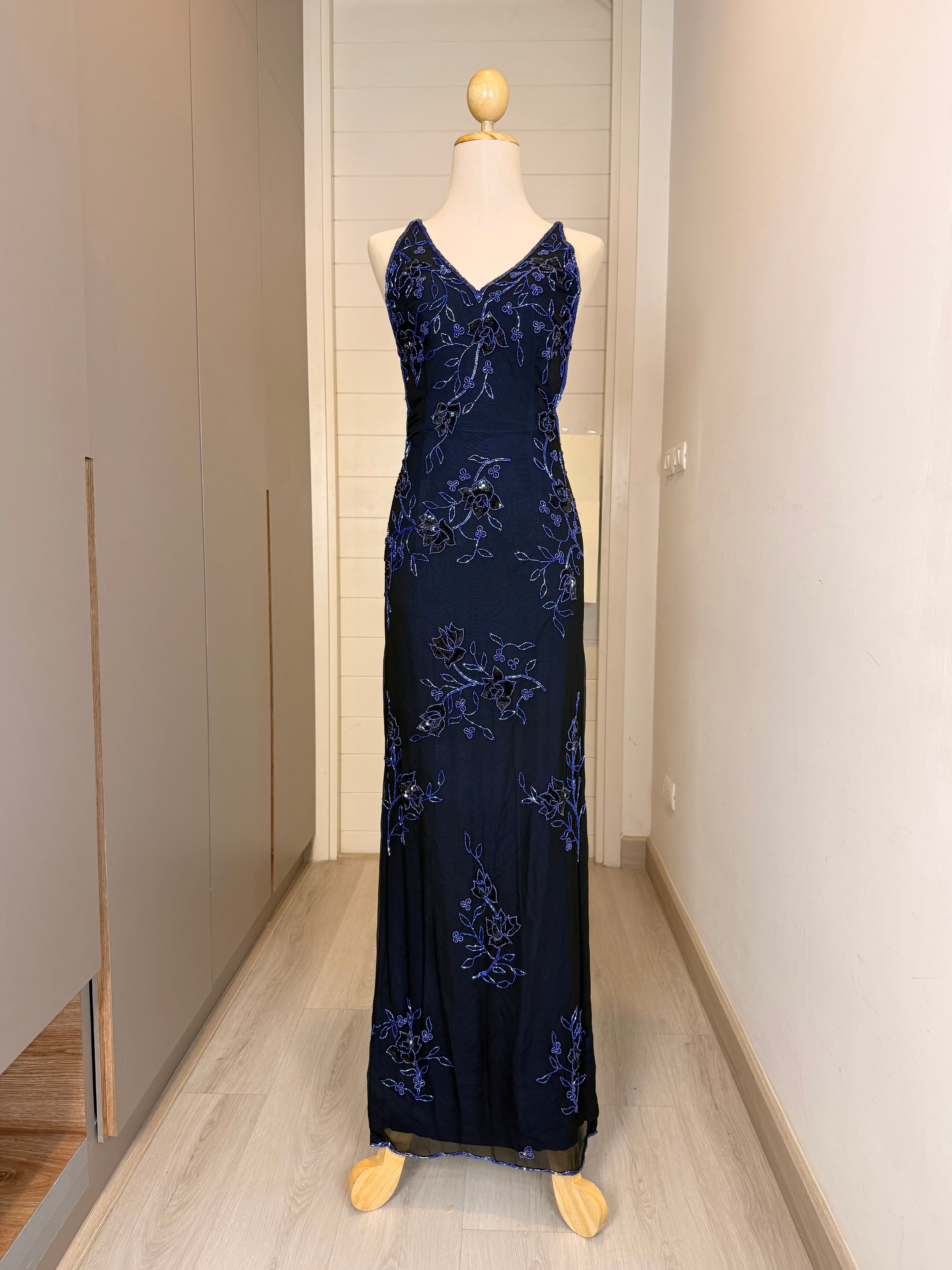 V316 Vintage Sean Collection Midnight Blue Floral Beaded Backless Gown (XS)