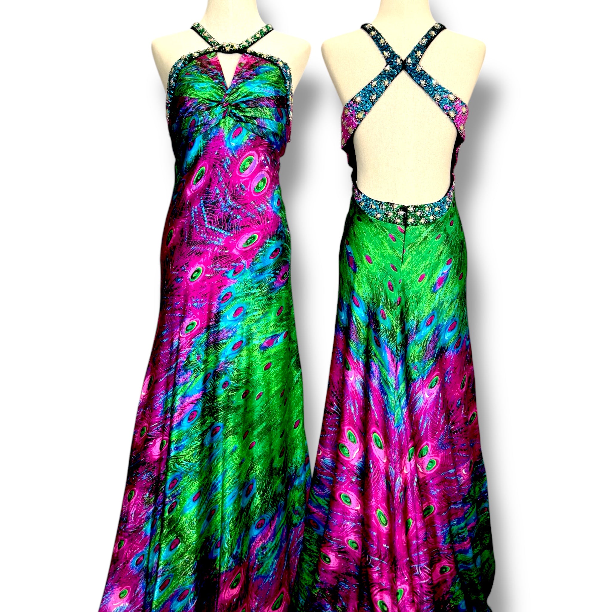 V259 Vintage Night Moves Peacock Jewel Beaded Gown (XS–S)