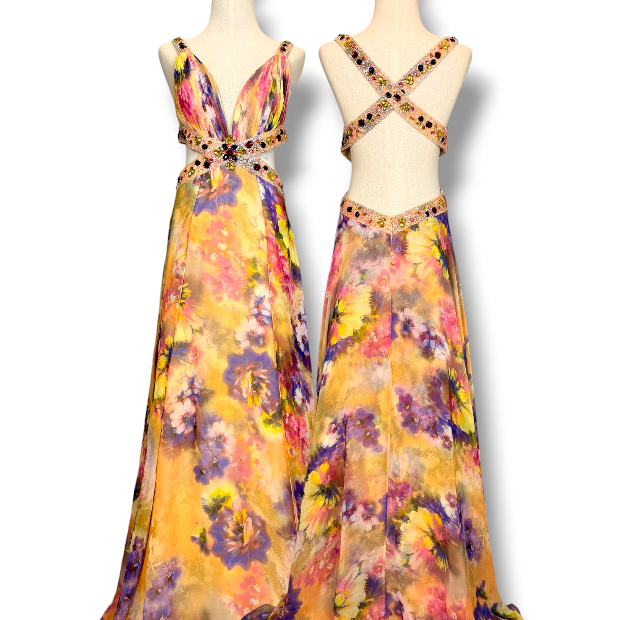 V325 Vintage Tony Bowls Paris Golden Bloom Crystal Cut-Out Gown (S)