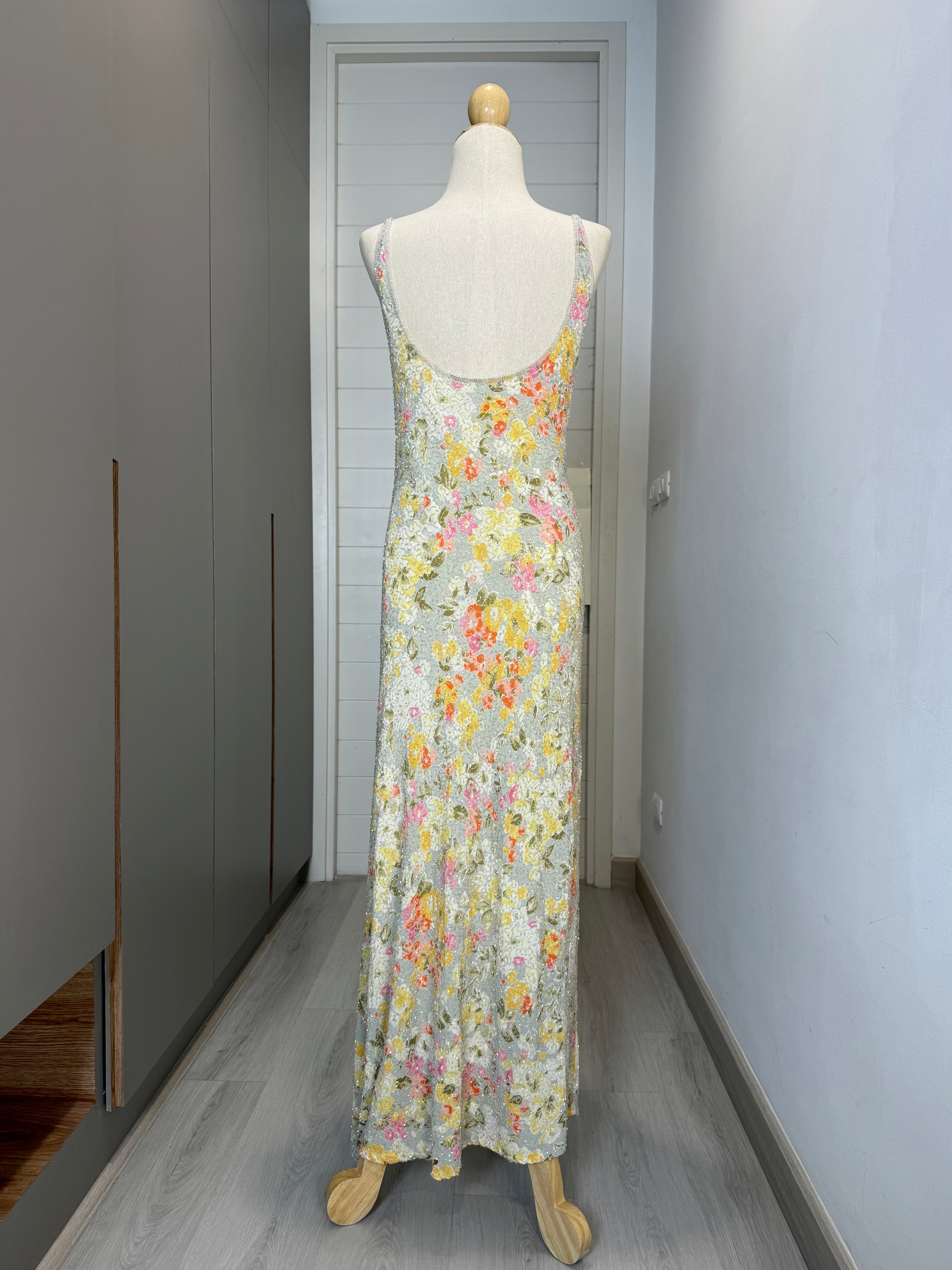 V224 Vintage Misty Sage Bloom Cowl-Neck Floral Dress (S-M)