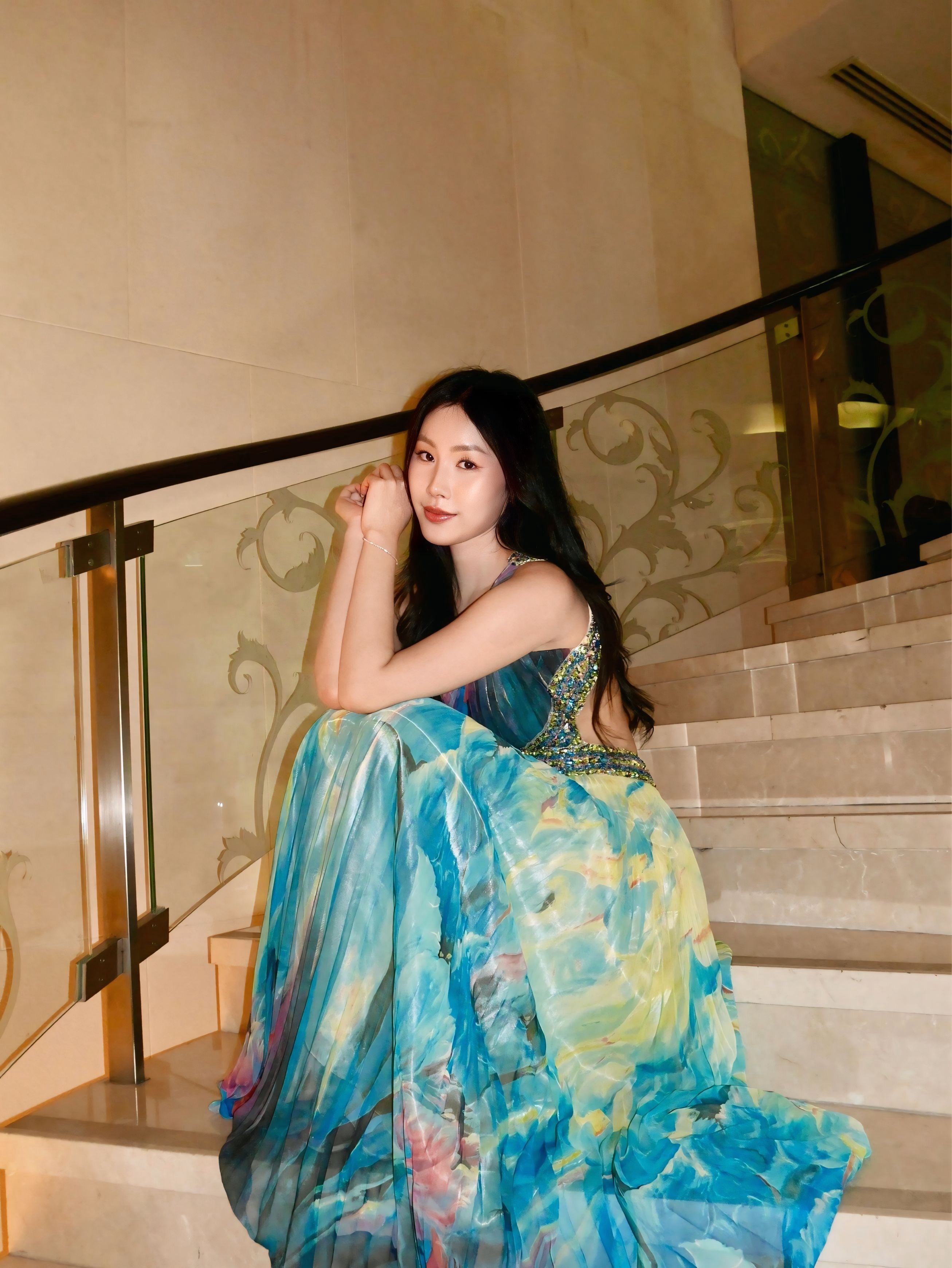 V114 Vintage Ocean Flame One-Shoulder Gown (S-M)