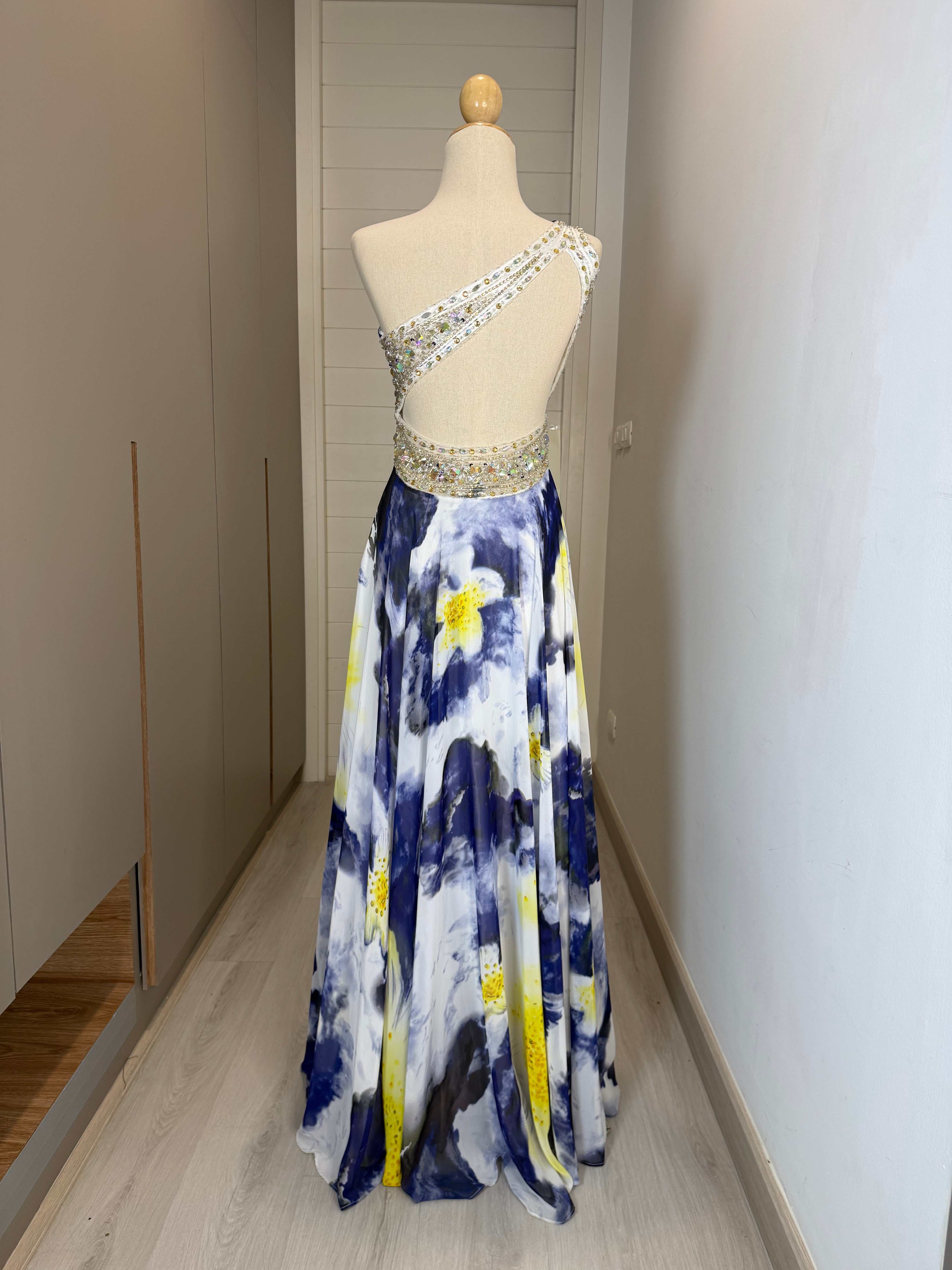 V267 Vintage Camille La Vie Indigo Blossom One-Shoulder Cutout Gown (XS)