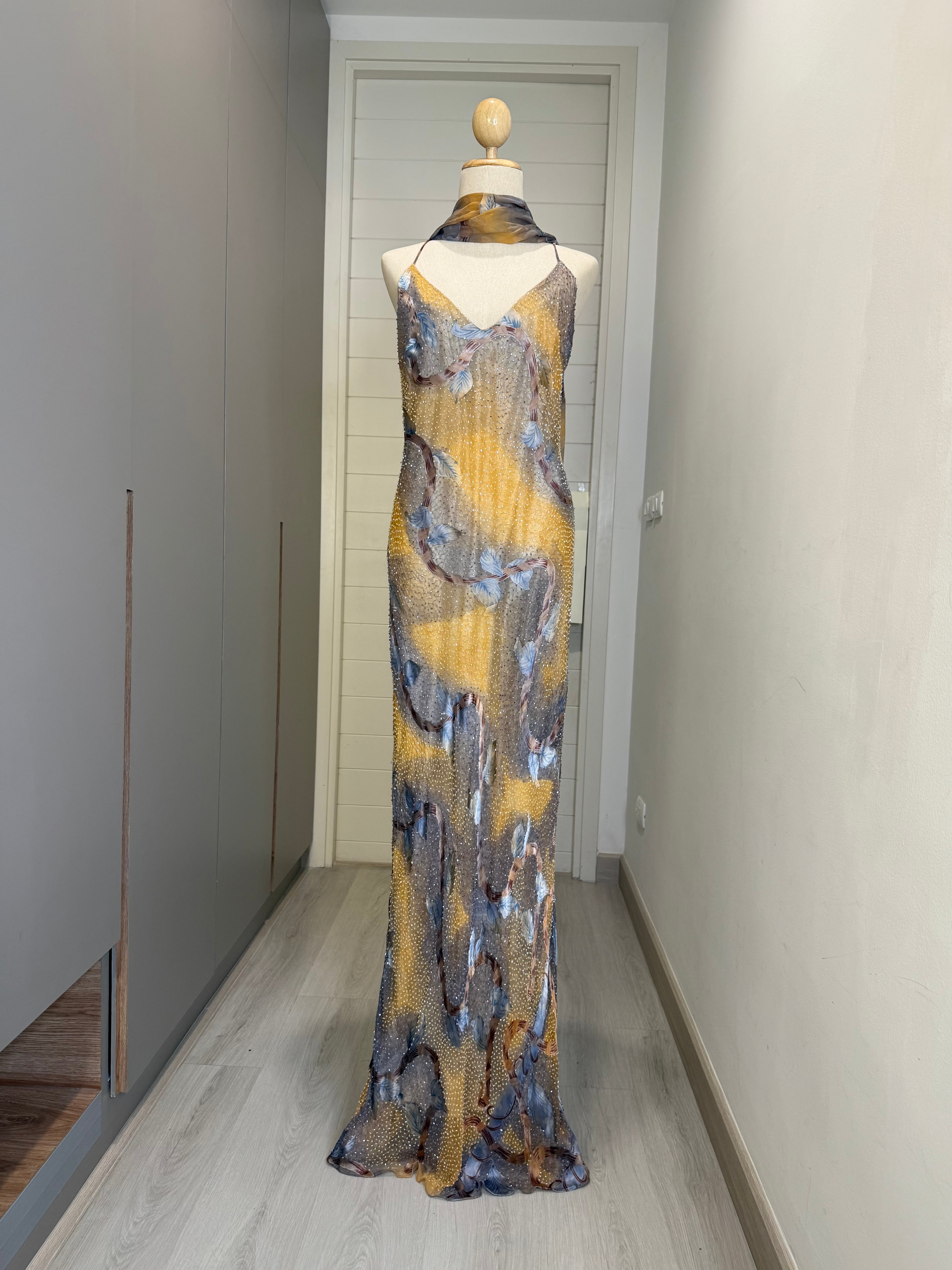 V227 Vintage Golden Dusk Floral Scarf Slip Dress (XL)