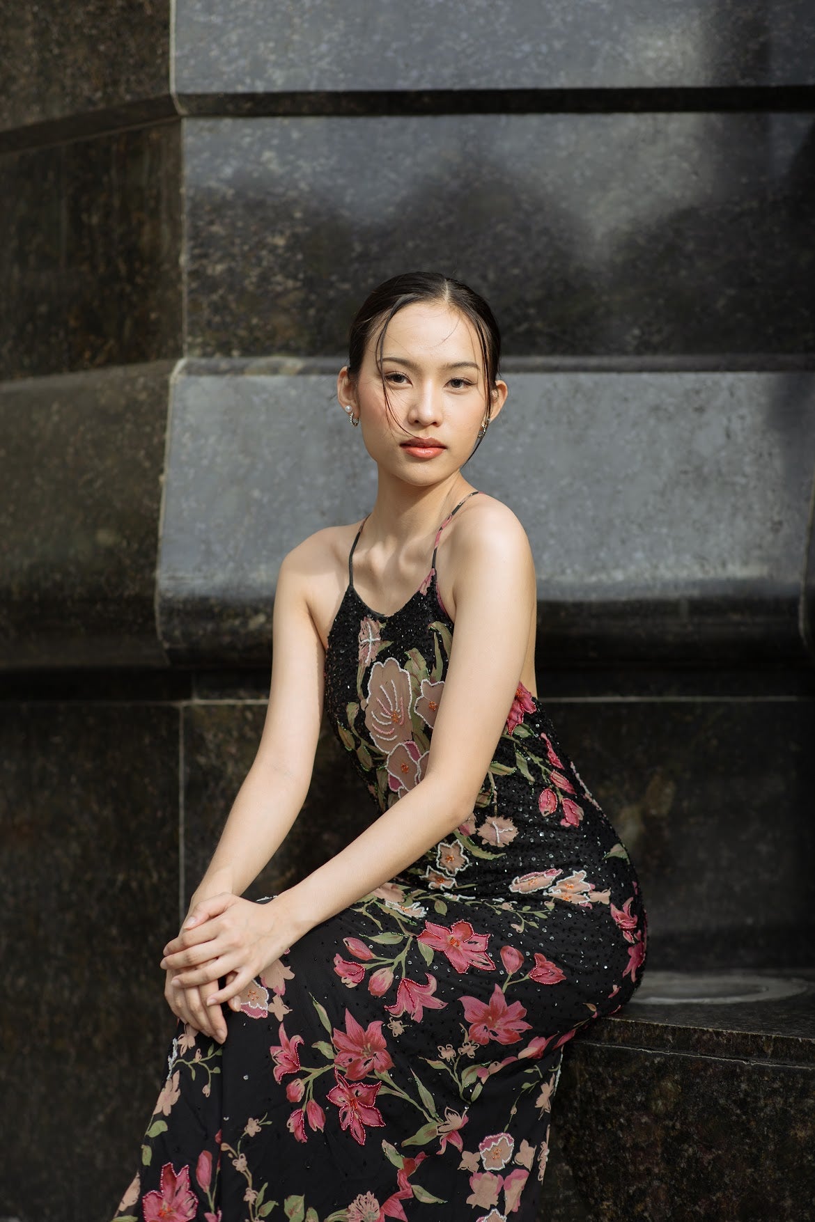 V28 Vintage Super Rare Sue Wong Silk Floral Black Evening Dress (XS-S)